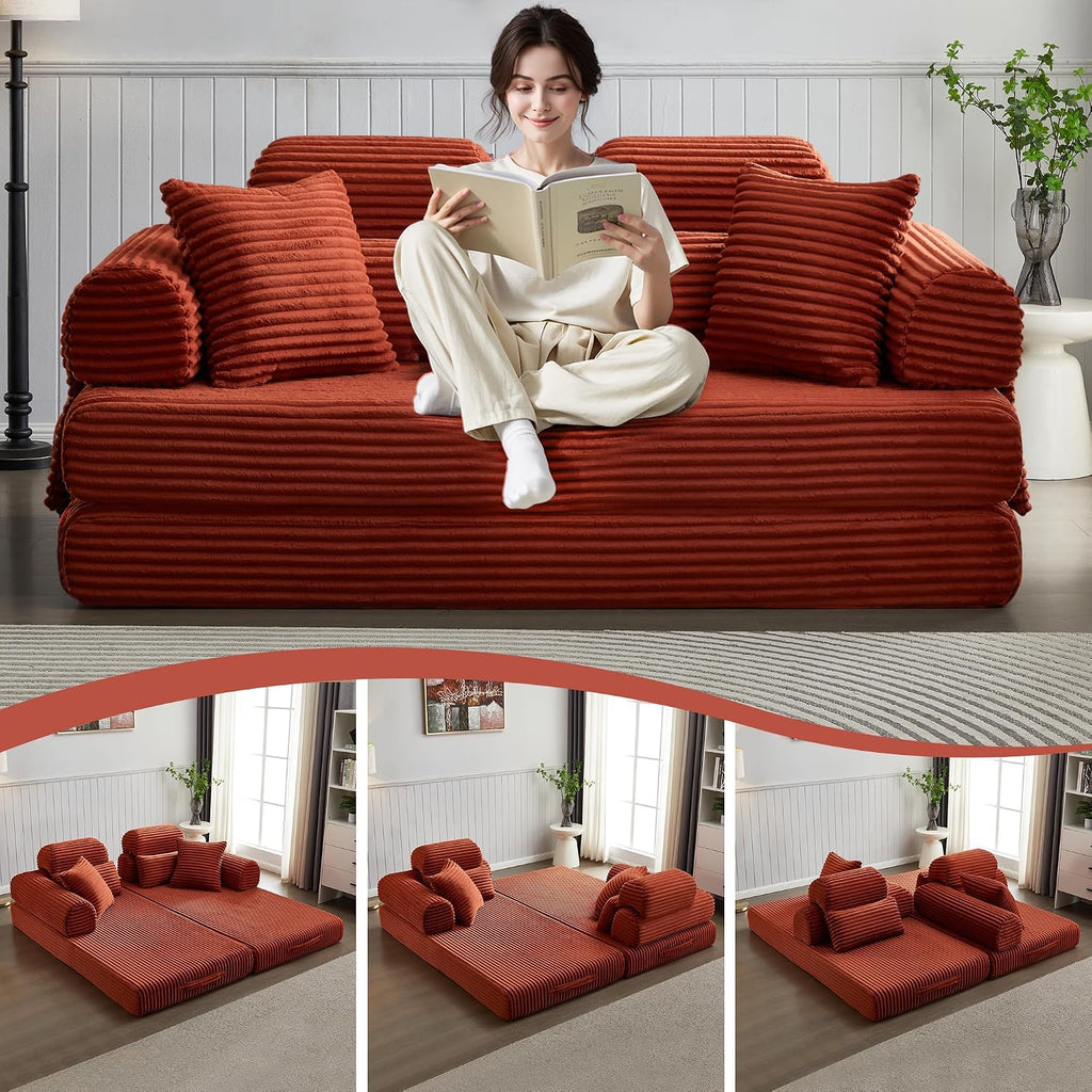 Convertible Sleeper Sofa Bed, 78.5' Corduroy Foldable Loveseat Sofa, Queen to King Size Boneless Couch Bed for Living Room | No Assembly Required | Memory Foam | Compression Sofa, Orange