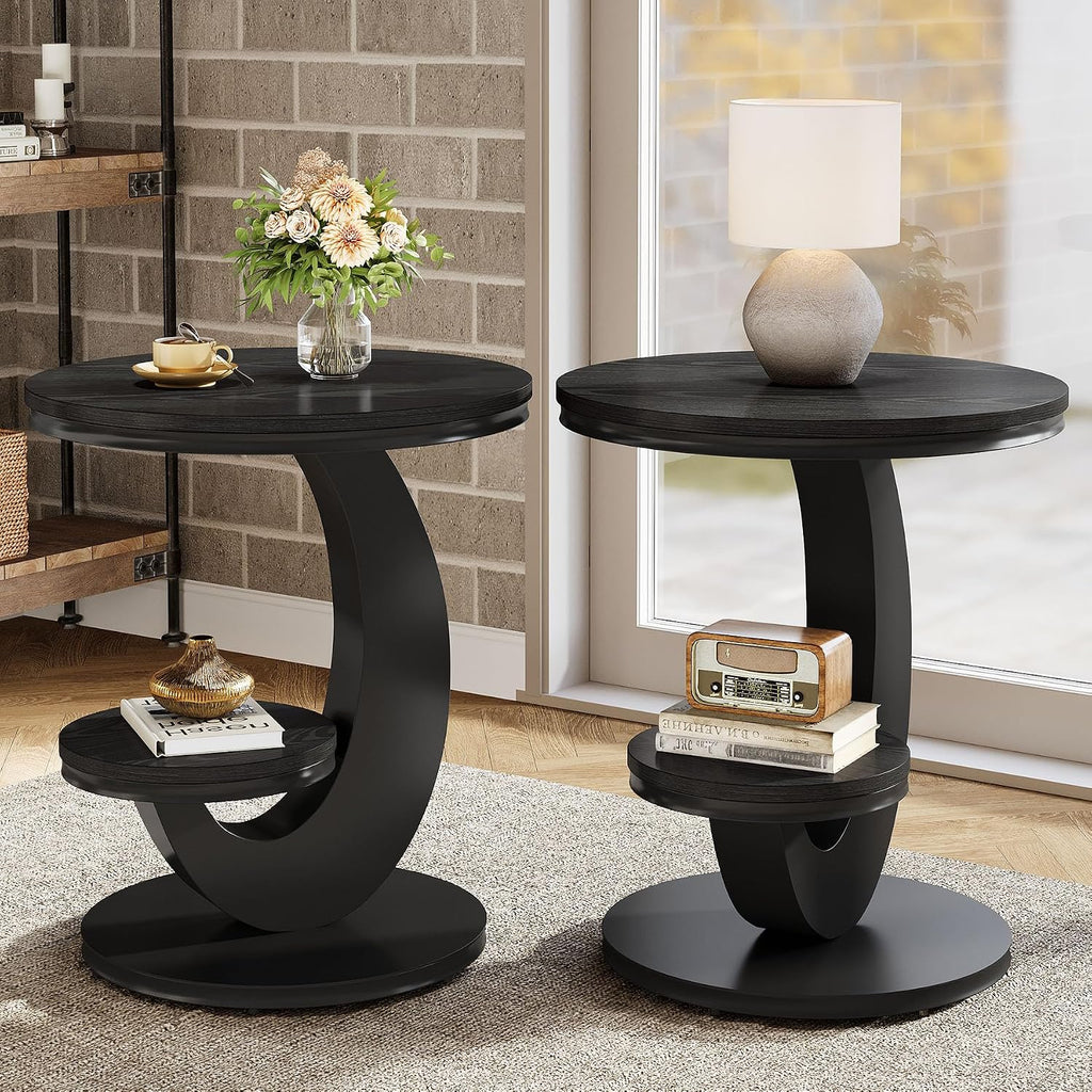 Tribesigns Round End Table Set of 2, 2 Tiers Side Table with Storage Shelf, Sofa Side Bedside Nightstand with Metal Arc-Shaped Frame for Small Spaces, Living Room, Bedroom, Black (2PCS)