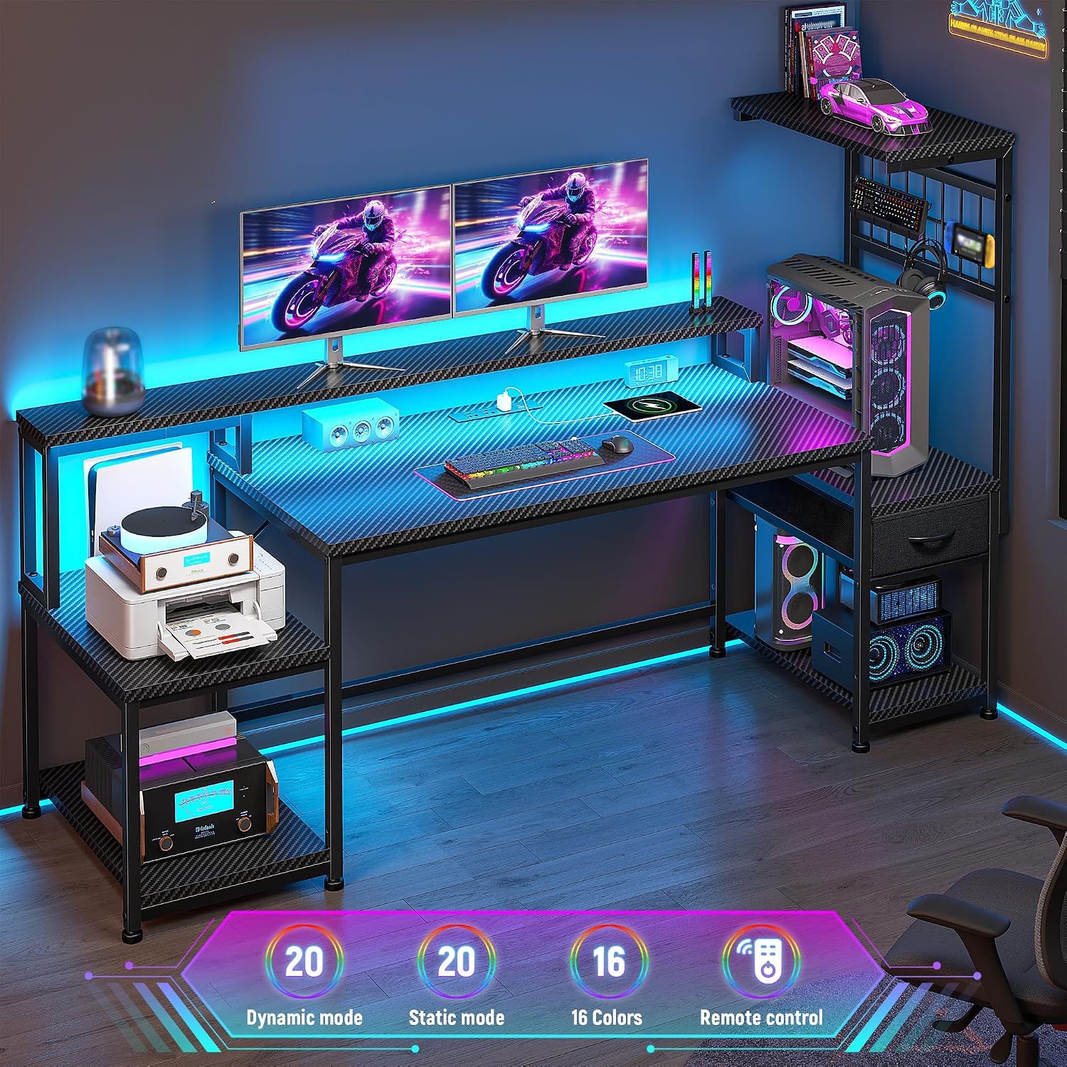 DurayLoly 55' Gaming Desk with LED Lights & Outlets,Computer Desk with Drawers & Monitor Stand,Gaming Table with 3 Storage Shelves, Hooks& Printer Space for Game&Study Room,Home Office,Bedroom,Black