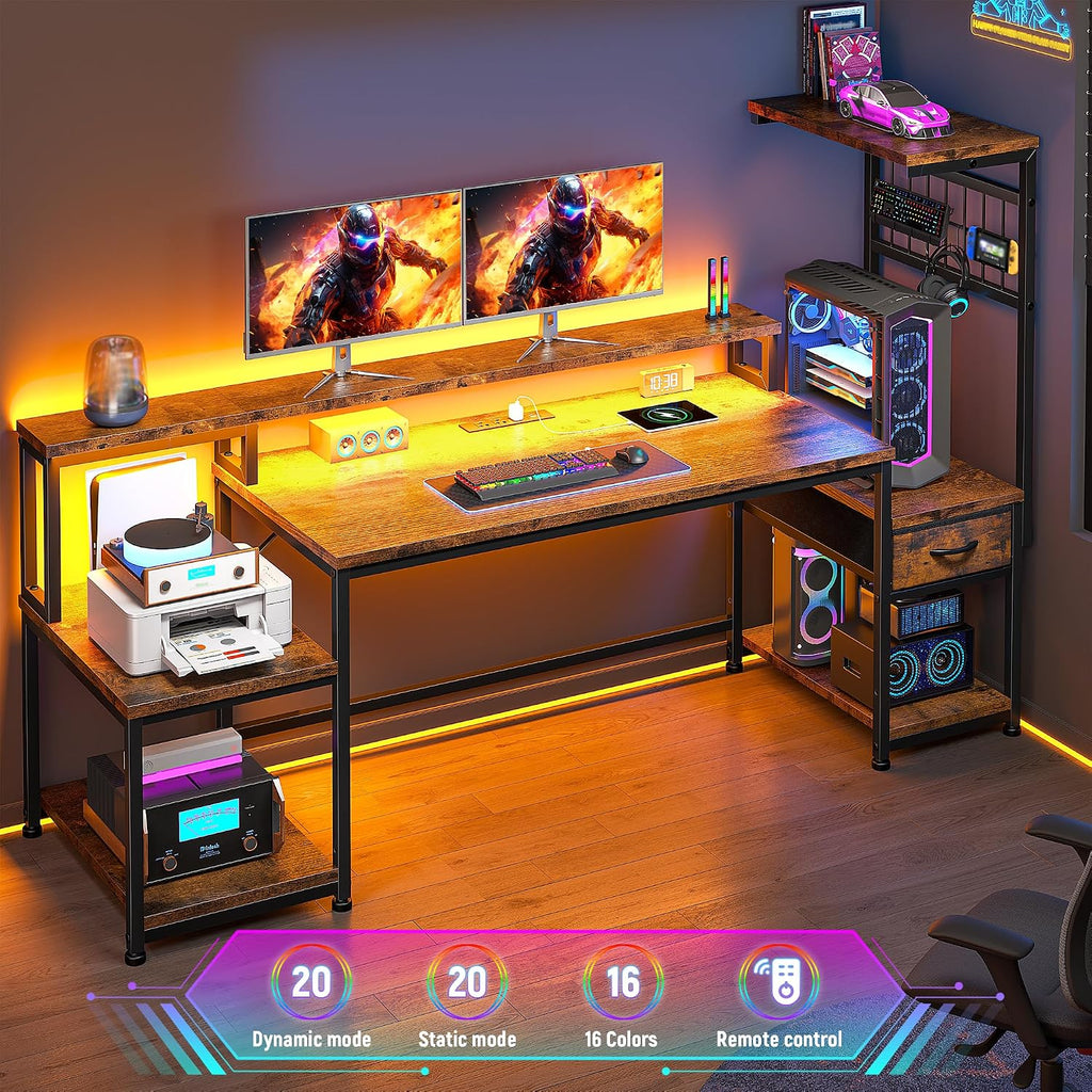 DurayLoly 55' Computer Desk with LED Lights & Outlets,Office Desk with Drawers & Monitor Stand,Gaming Desk with 3 Storage Shelves, Hooks& Printer Space for Game&Study Room,Home Office,Bedroom,Brown