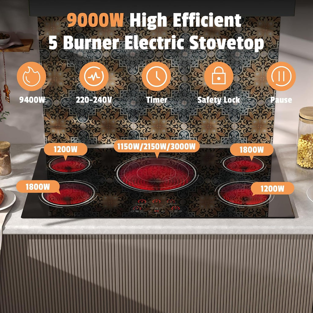 36 Inch Electric Cooktop - 9400W Powerful 5 Burner Electric Stove, 220V Built-in(34.25'x19.3') Ceramic Stove Top 36 Inches with Triple Ring, Timer, Safety Lock, Pause, 220V-240V Hard Wired