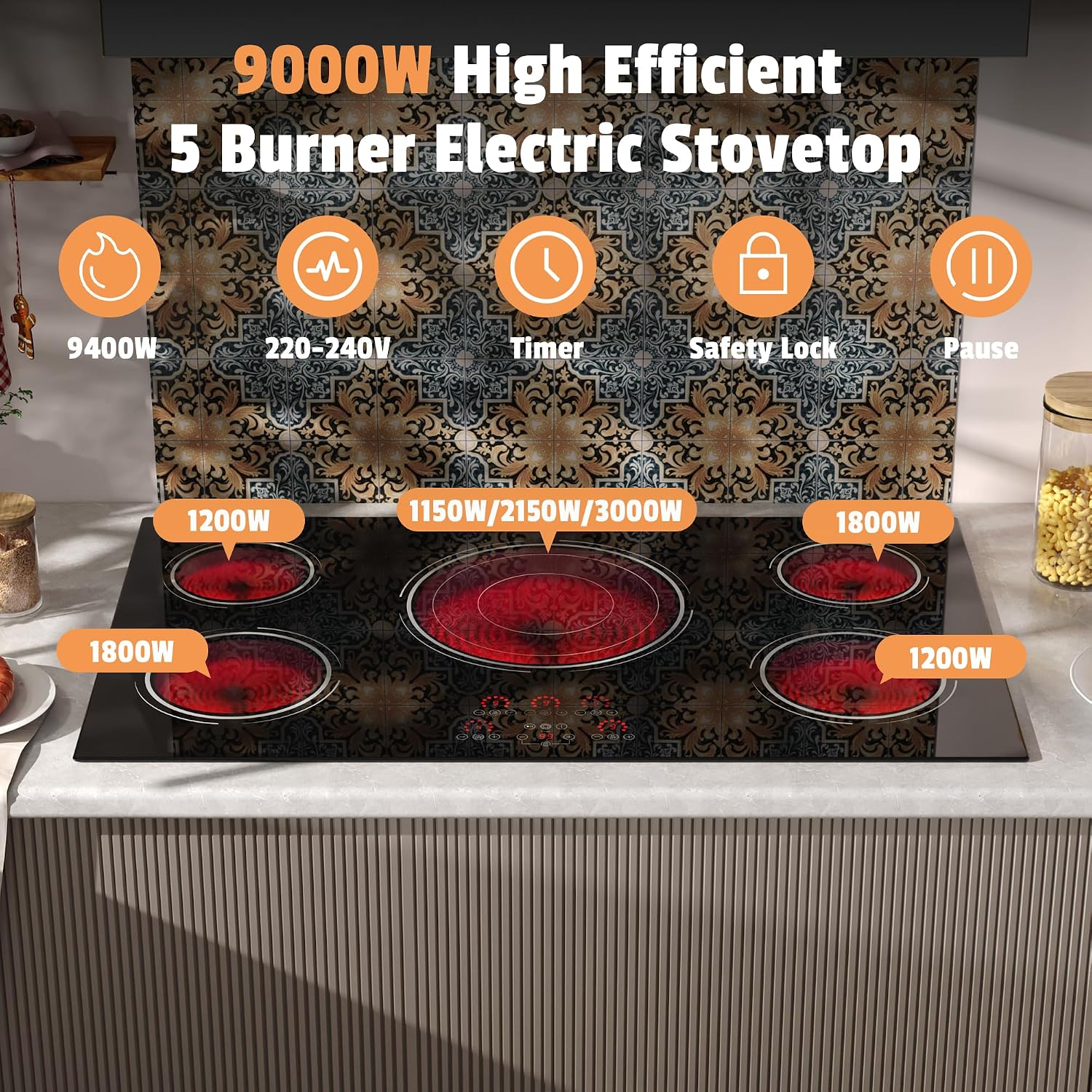 36 Inch Electric Cooktop - 9400W Powerful 5 Burner Electric Stove, 220V Built-in(34.25'x19.3') Ceramic Stove Top 36 Inches with Triple Ring, Timer, Safety Lock, Pause, 220V-240V Hard Wired