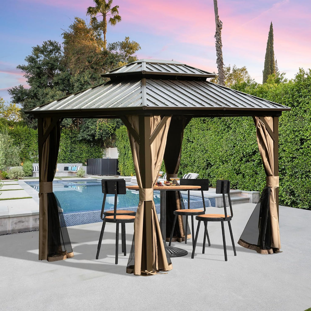 Domi 8' x 10' Hardtop Gazebo, Outdoor Metal Gazebo for Patios with Galvanized Steel Double Roof, Heavy Duty Curtains and Netting Included, Permanent Pergola for Backyard, Garden Lawn, Brown