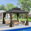 Domi 12' X 12' Hardtop Gazebo, Upgraded Metal Gazebo with Drainage System, Dual-Layer Galvanized Steel Roof, Curtain and Netting, Outdoor Shelter Canopy for Patio, Garden, and Backyard, Brown