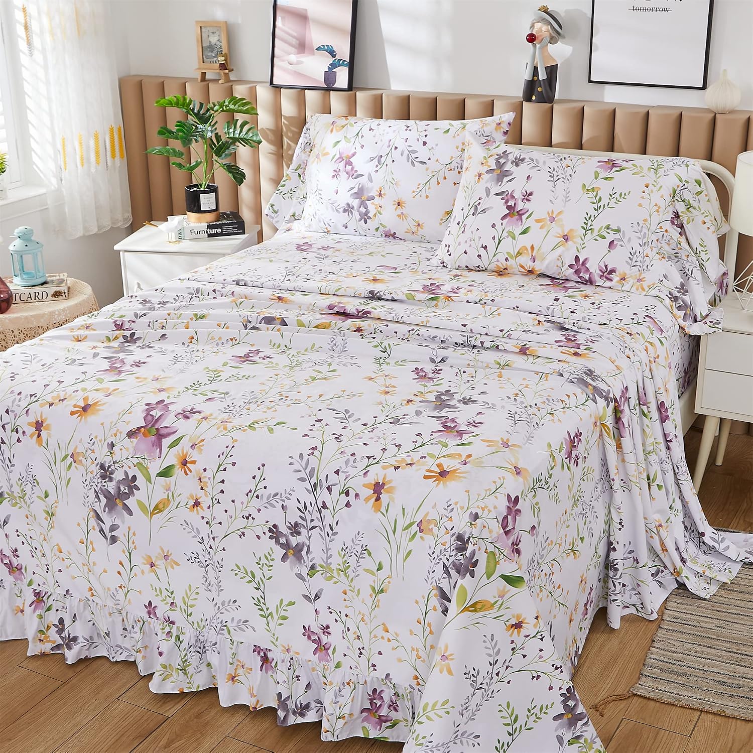 ABREEZE Floral Bedding Shabby Purple Print Bed Sheet Set Girls Bedding Set Luxury Bedding Collections 1000 Thread Count 100% Egyptian Cotton Deep Pocket King, 4 Pieces