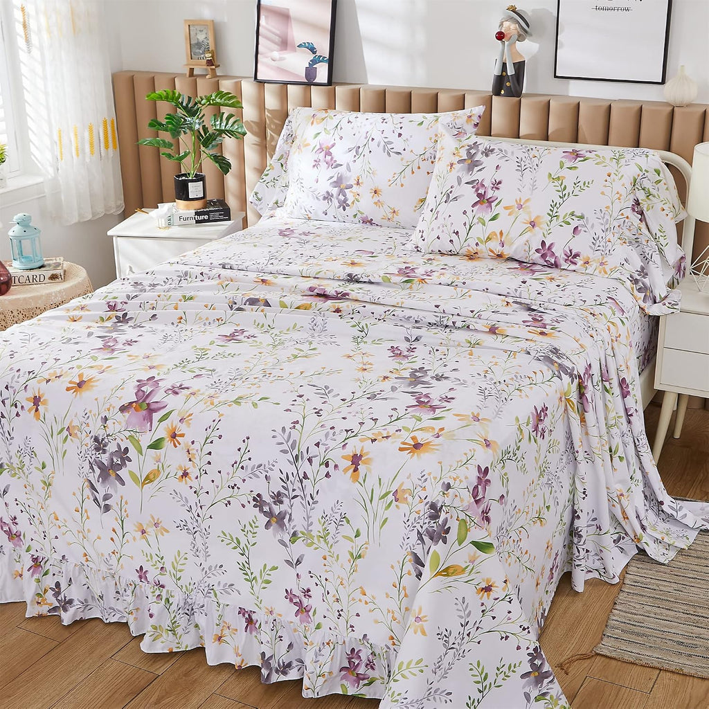 ABREEZE Floral Bedding Shabby Purple Print Bed Sheet Set Girls Bedding Set Luxury Bedding Collections 1000 Thread Count 100% Egyptian Cotton Deep Pocket Cal.King, 4 Pieces