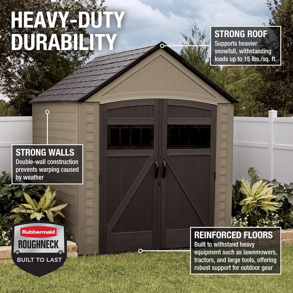 Rubbermaid Resin Outdoor Storage Shed with Floor (7 x 7 Ft) Weather Resistant, Brown Gable, Organization for Home/Backyard/Garden Tools/Lawn Mower/Bike Storage/Pool Supplies