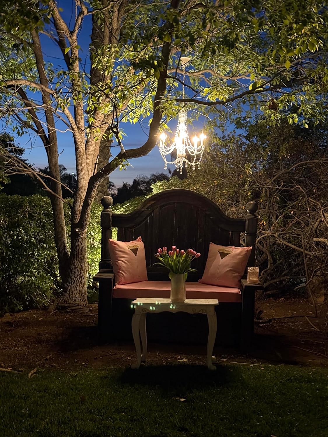 Outdoor 6 Light Plug-in Crystal White Chandelier H26'xW22', White Metal Frame, Clear Acrylic Crystals, and Low Voltage (12 Volts) IP65 Water Resistant Electrical Components