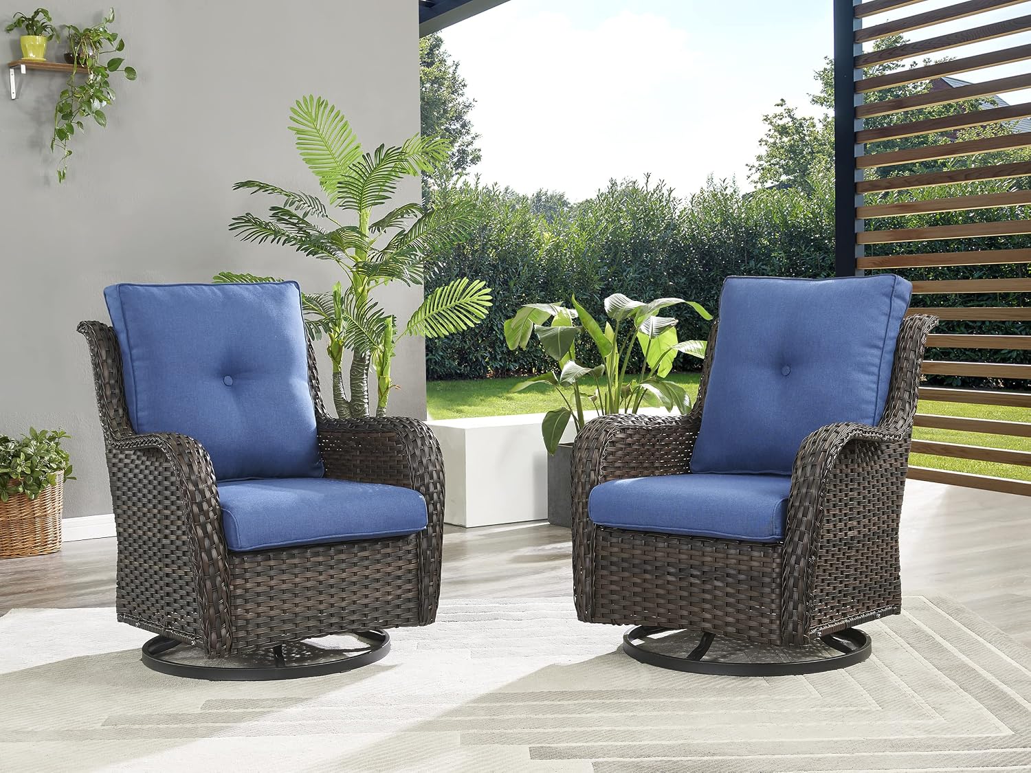 Rilyson Wicker Rocking Chair Swivel Chairs - 2 Piece Rocker Patio Chairs Set Rattan Rocking Chair for Outdoor Porch Deck Garden Backyard (Brown/Blue)