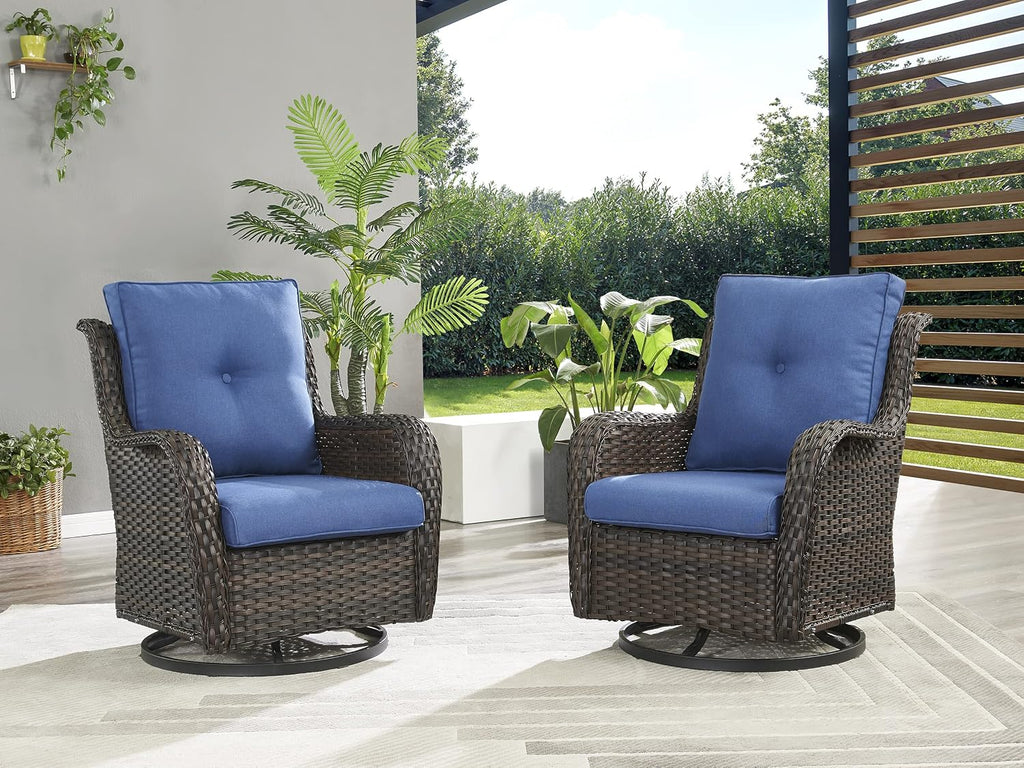 Rilyson Wicker Rocking Chair Swivel Chairs - 2 Piece Rocker Patio Chairs Set Rattan Rocking Chair for Outdoor Porch Deck Garden Backyard (Brown/Blue)