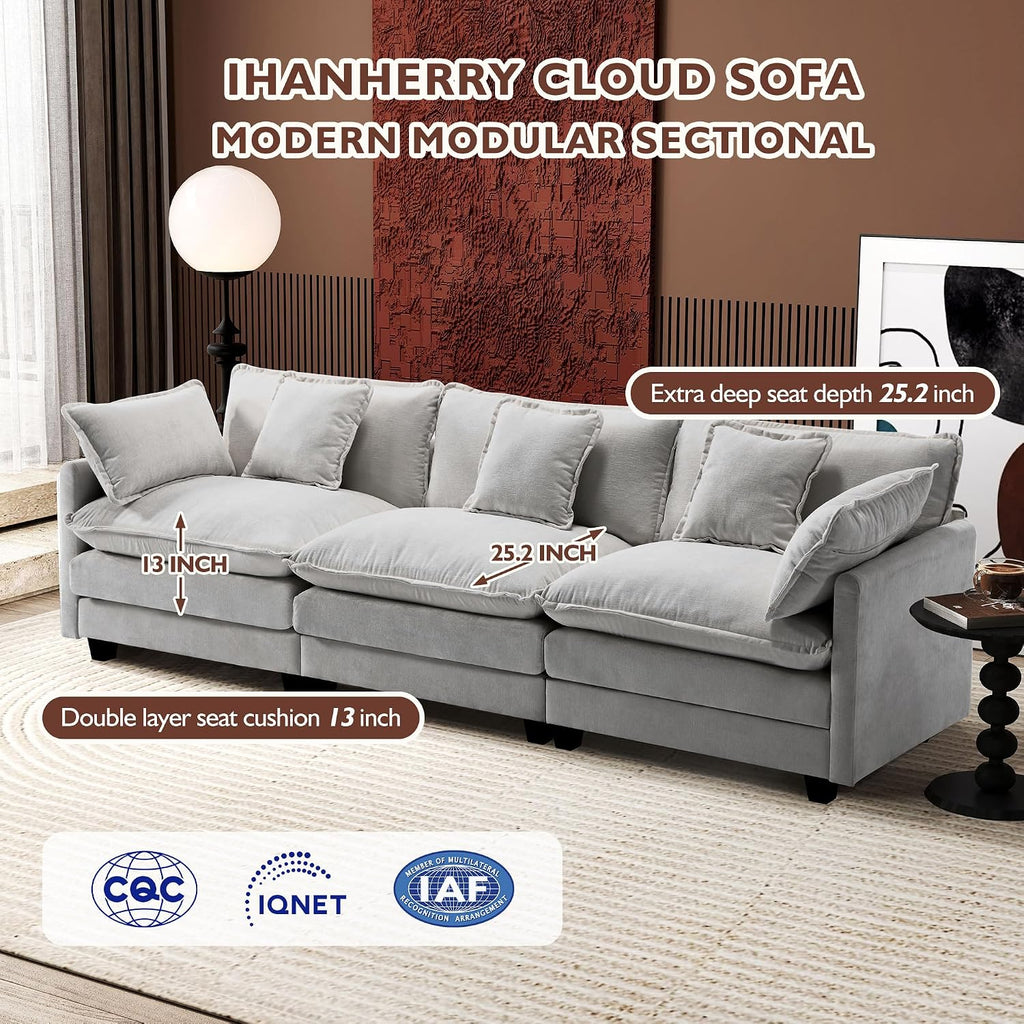 Ihanherry 111.4 Inch 3-Seater Cloud Sofa, Modular Sectional Couch, Modern Deep Seat Sofa for Living Room, Comfy Double Layer Upholstered Seat Cushion, Breathable Chenille Fabric, Grey