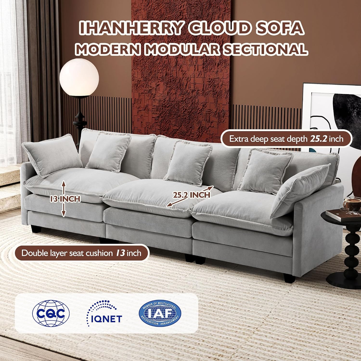 Ihanherry 111.4 Inch 3-Seater Cloud Sofa, Modular Sectional Couch, Modern Deep Seat Sofa for Living Room, Comfy Double Layer Upholstered Seat Cushion, Breathable Chenille Fabric, Grey