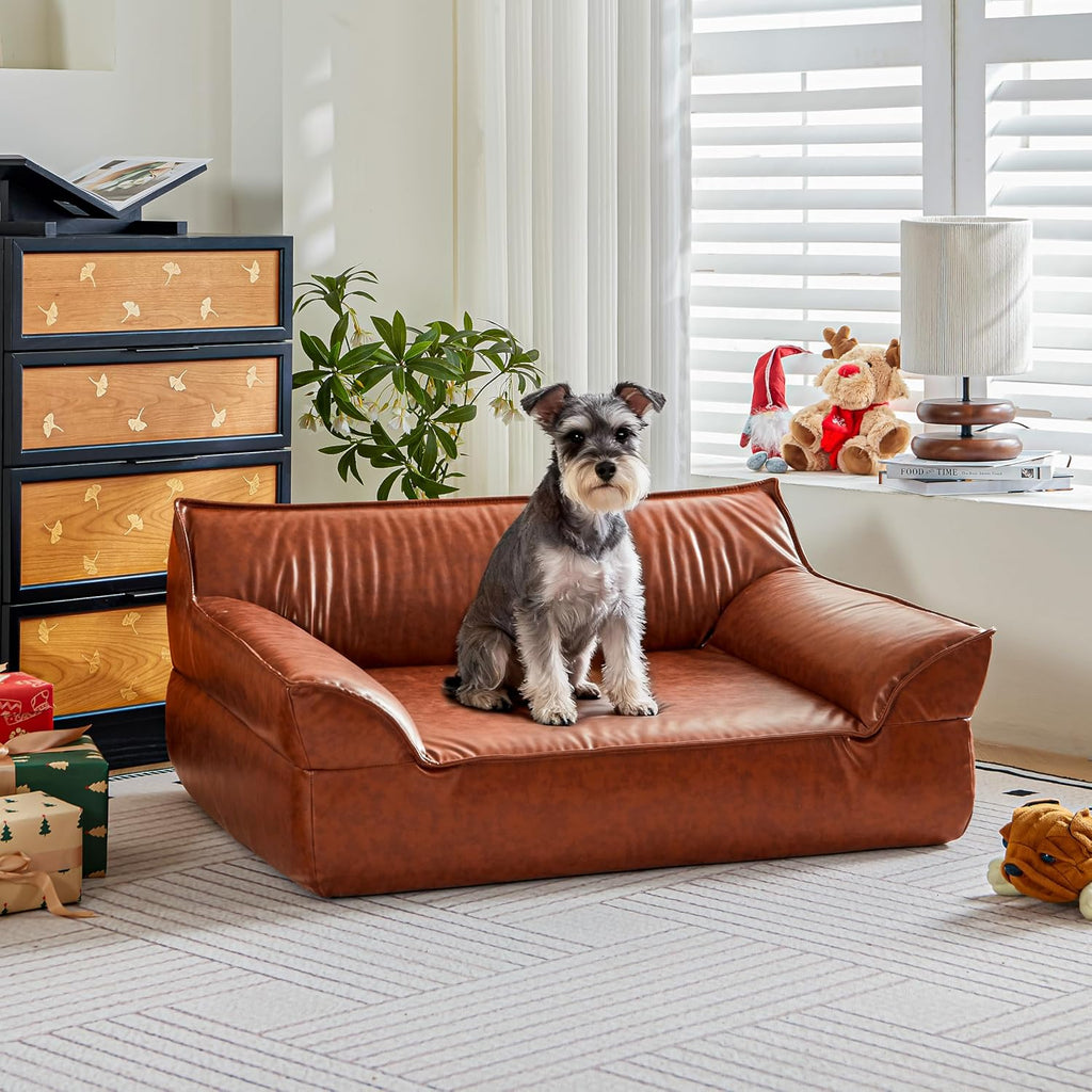 Large Leather Dog Bed Couch for Large and Medium Dogs Under 70 lbs, Brown Luxurious Vintage Elevated Dog Sofa Chaise Indoor Furniture Style Pet Supplies Low Maintenance