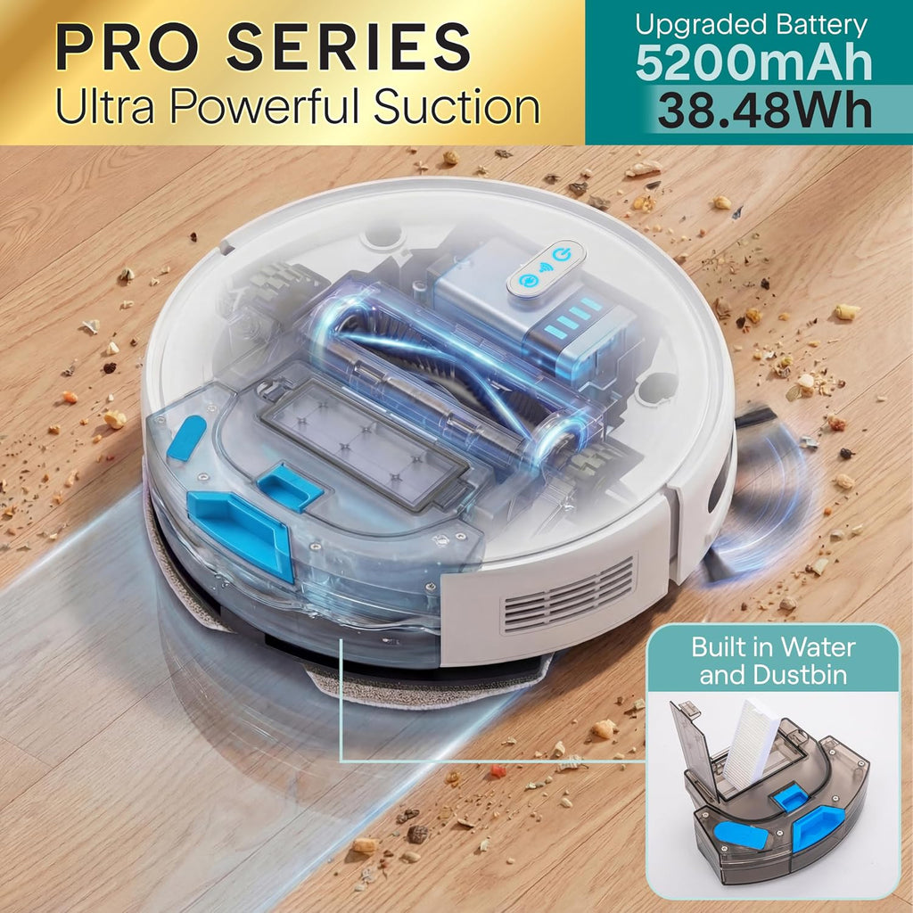SereneLife Automatic Robot Vacuum Cleaner and Mop Combo, Pro Edition with Upgraded Battery, Extreme Suction, Internal Water Tank - Smart App Control, Ideal for Pet Hair, Carpet and Hard Floors, White