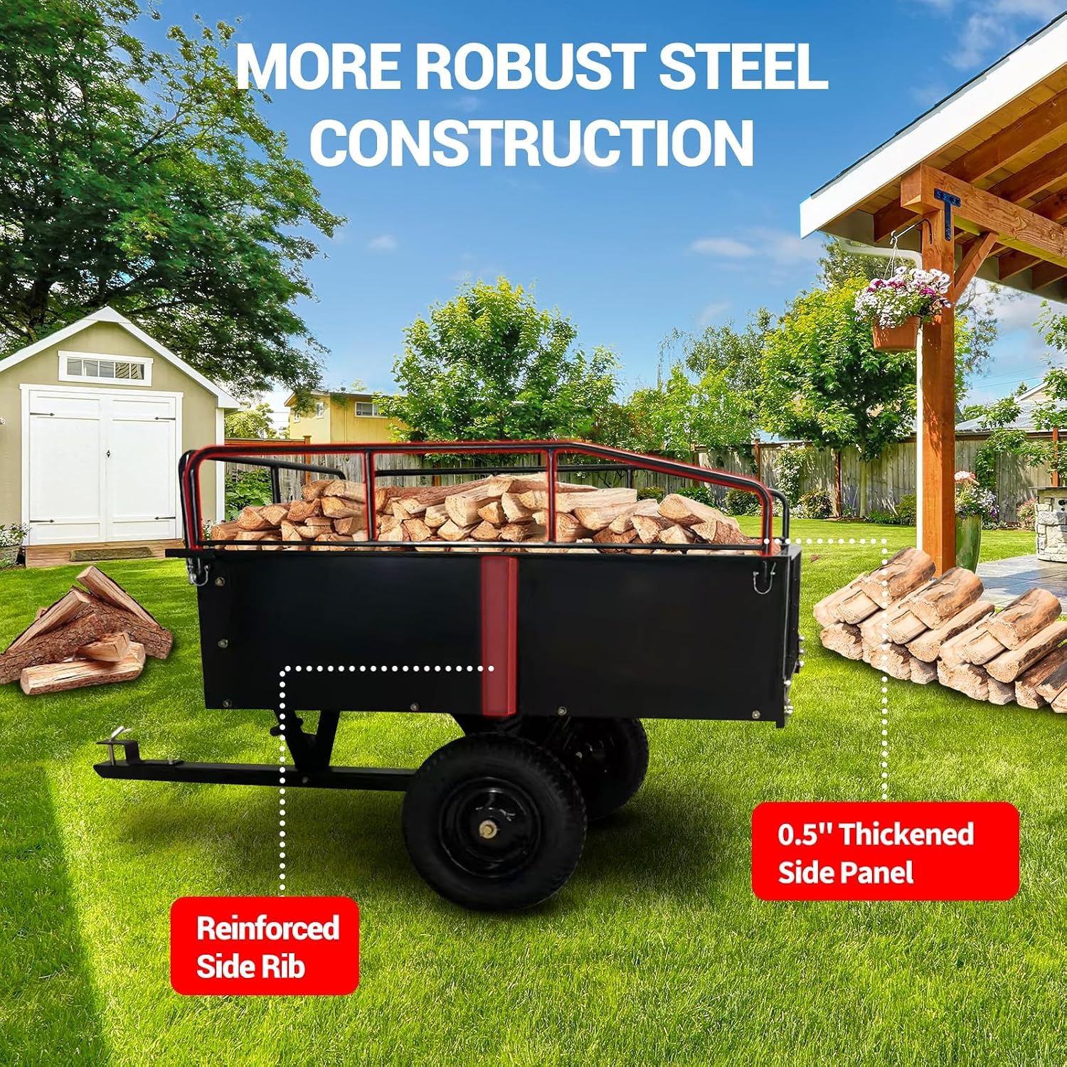 Garvee 750 LBS Utility Trailer, 15 Cubic Feet Heavy Duty Steel Dump Cart Garden Trailer with Removable Sides,Hand Pull or Foot Pedal Garden Dump Cart for ATV, UTV, Lawn Mowers and Tractors