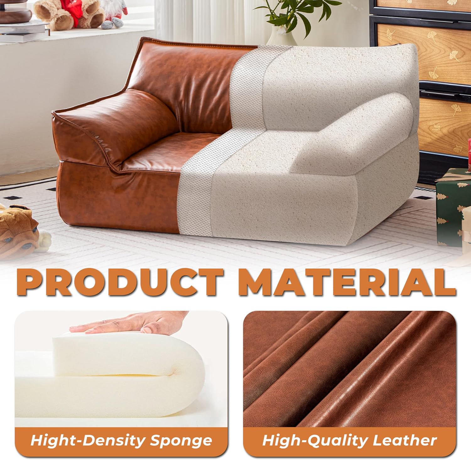 Leather Dog Bed Couch for Small and Medium Dogs Under 50 lbs, Brown Mid Century Modern Elevated Cat Sofa Chair Luxurious Indoor Furniture Style Pet Supplies for Puppy