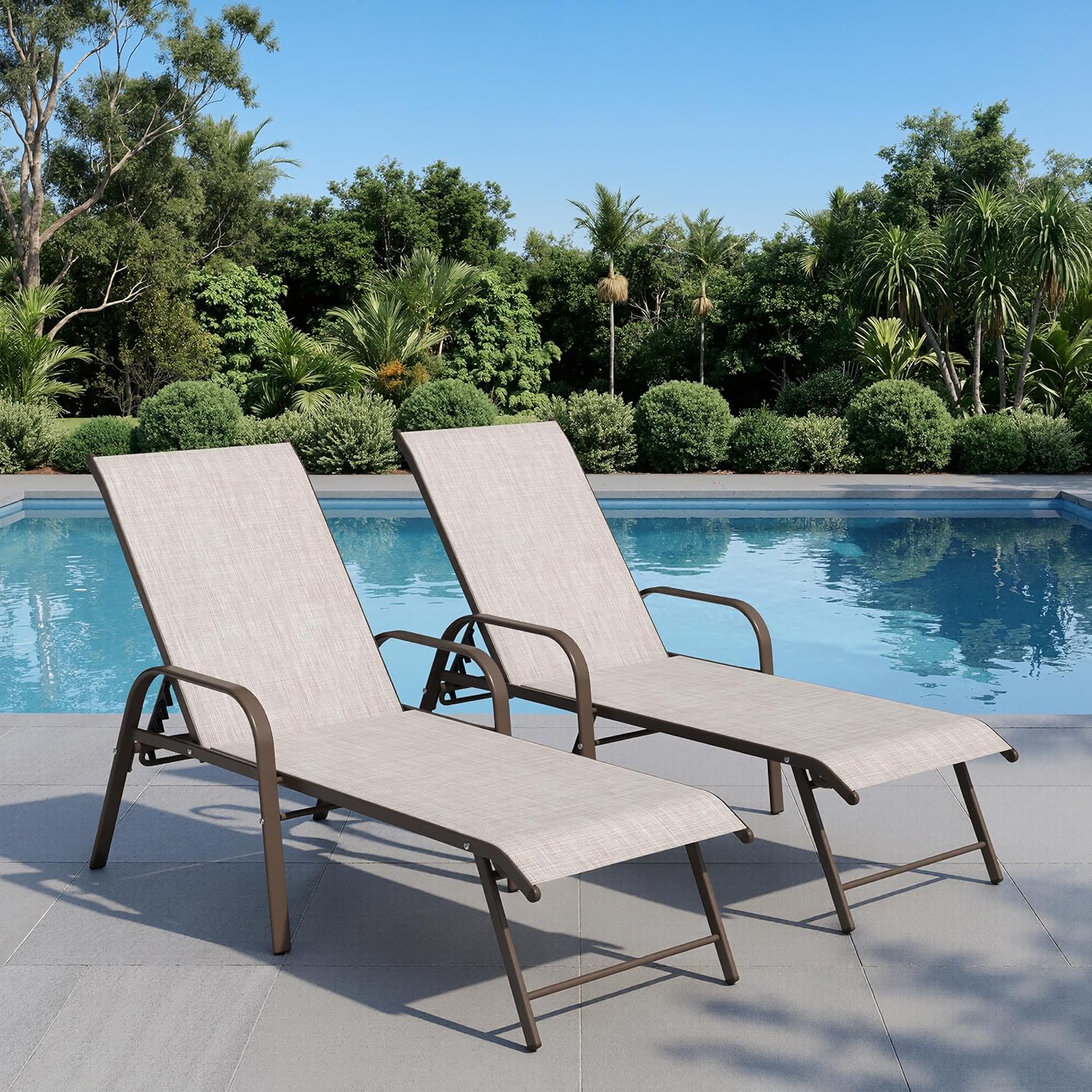 Crestlive Products Chaise Lounge Chair Outdoor with Armrests, Pool Lounge Chairs Set of 2, Aluminum Adjustable 5 Positions Sun Tanning Lounger for Patio, Poolside, Yard, Deck, Backyard (Beige)