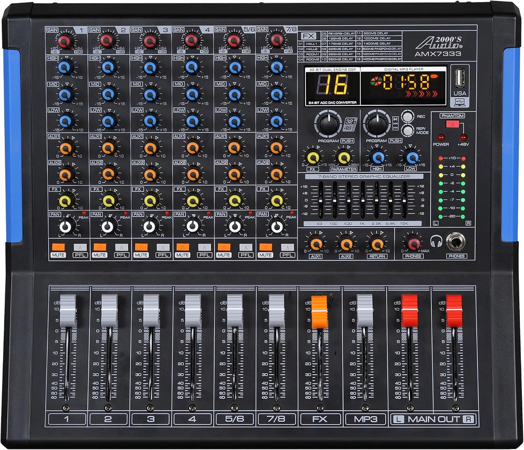 Professional Eight-Channel Audio Mixer with USB Interface, Bluetooth, and DSP Sound Effects