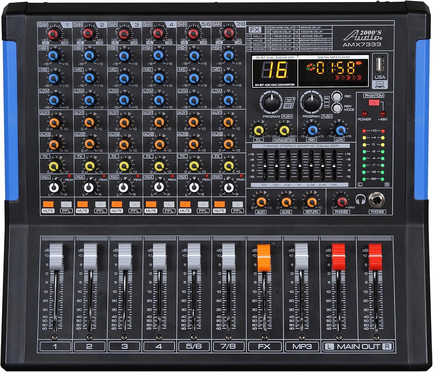 Professional Eight-Channel Audio Mixer with USB Interface, Bluetooth, and DSP Sound Effects