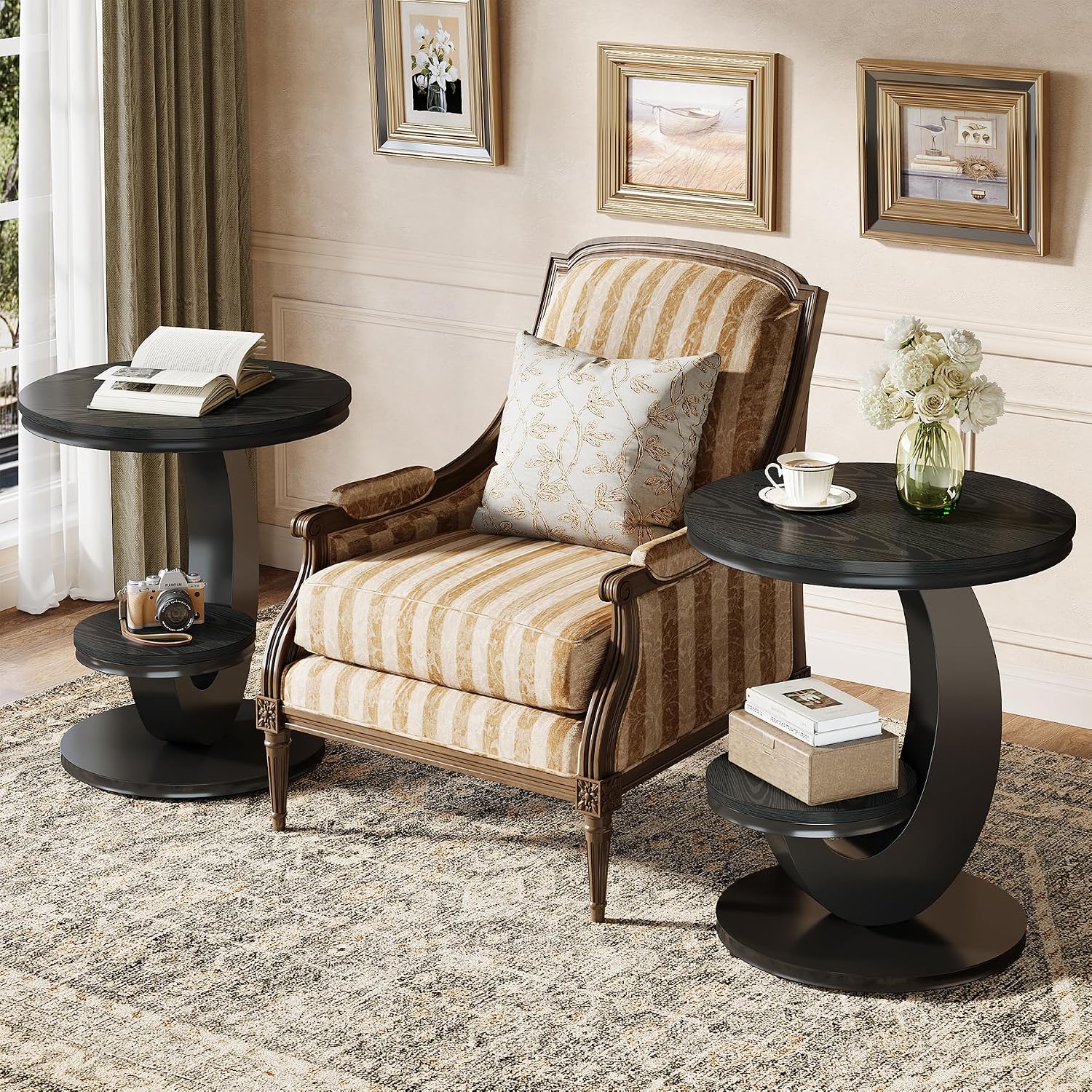 Tribesigns Round End Table Set of 2, 2 Tiers Side Table with Storage Shelf, Sofa Side Bedside Nightstand with Metal Arc-Shaped Frame for Small Spaces, Living Room, Bedroom, Black (2PCS)