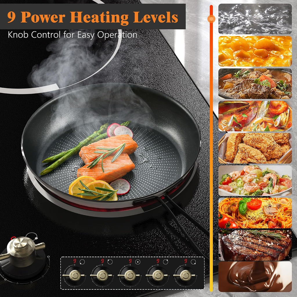 Electric Cooktop 30 Inch - 8400W High Power 5 Burners Electric Stovetop, Built-in 30 Inches Ceramic Burner Knob and Touch, Timer, Safety Lock, Expandable Ring, 220-240V Hard Wired (No Plug)