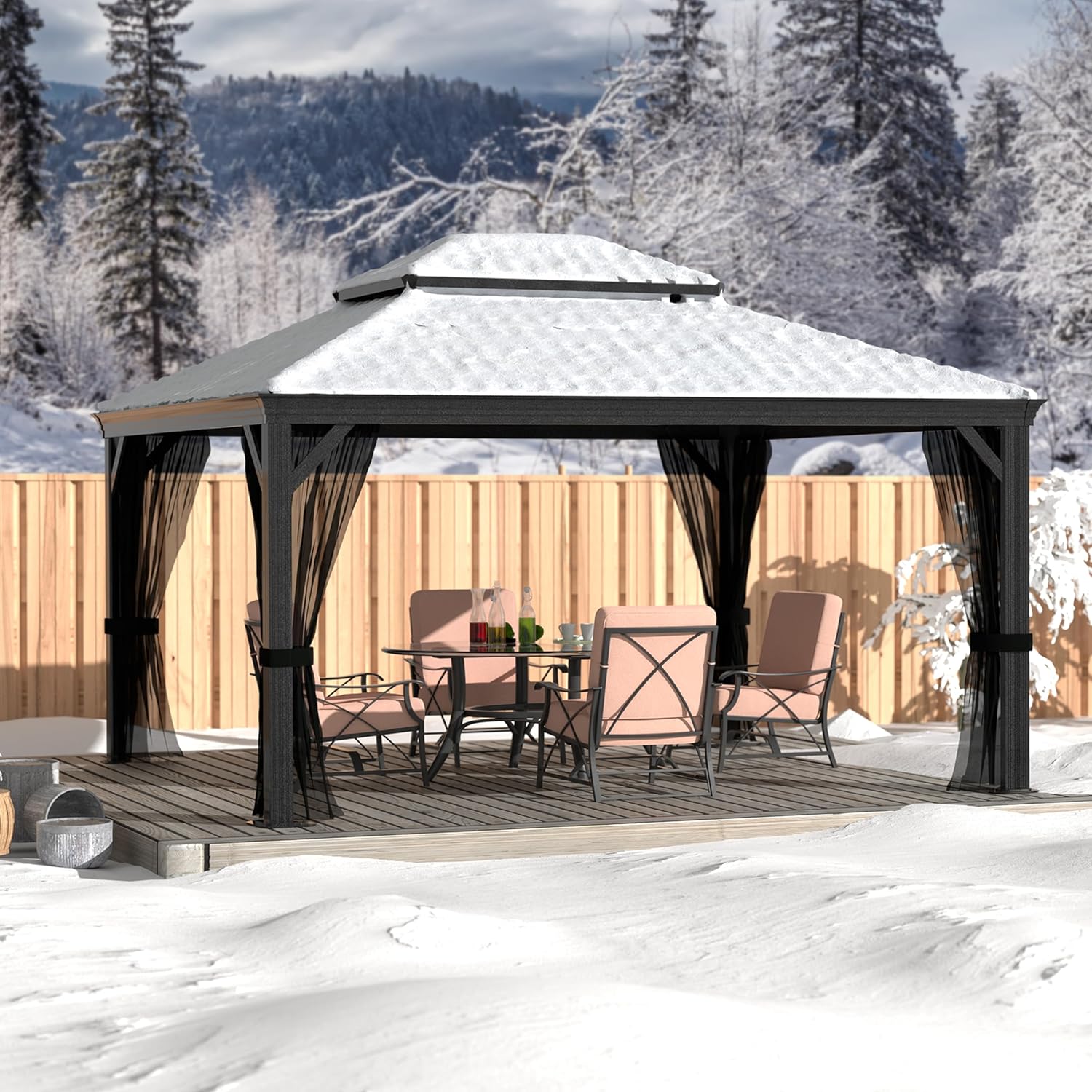 MUPATER 10'×14' Outdoor Gazebo with Double Roof, Permanent Hardtop Gazebo with Drainage System, Heavy Duty Metal Structure with Mosquito Netting for Patio, Backyard, Deck, Black