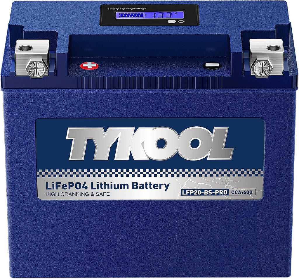 TYKOOL LFP20-BS-PRO Lithium Battery, Replaces YTX20-BS YTX20H-BS GYZ20H, 650CCA 12Ah fits for Indian Chief Scout Arctic Cat Alterra ZR 8000 Yamaha SR Viper Moto Guzzi California, Digital Readout [+ -]