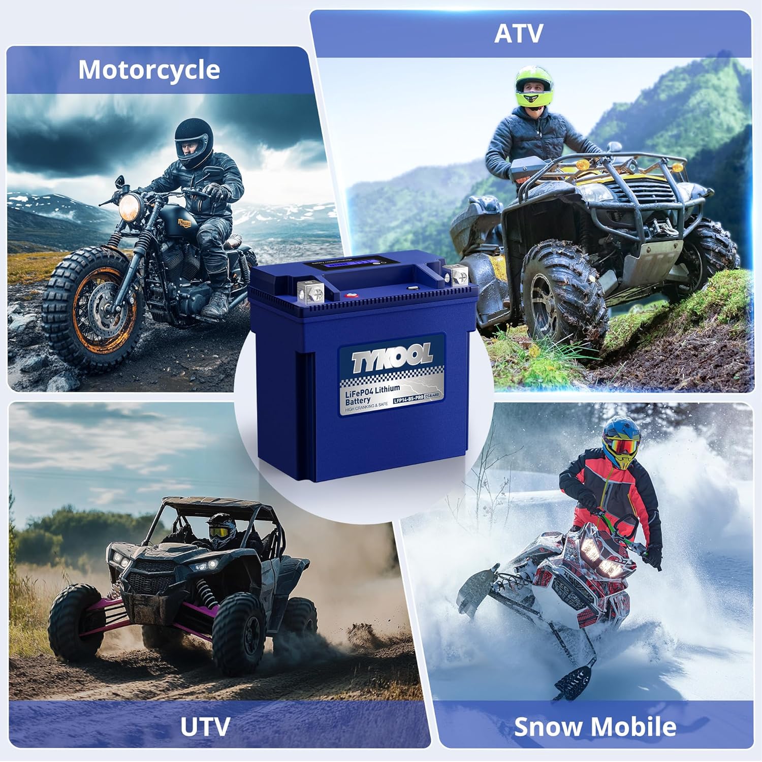 TYKOOL YTX14-BS/YTX14H/GYZ16H High Performance Lithium LiFePO4 Motorcycle Battery,480CCA,12V 8Ah,Fits for ATV,UTV,Jet Ski,Snowmobile,Quad,Tractor,Riding Lawn Mower,Polaris Battery