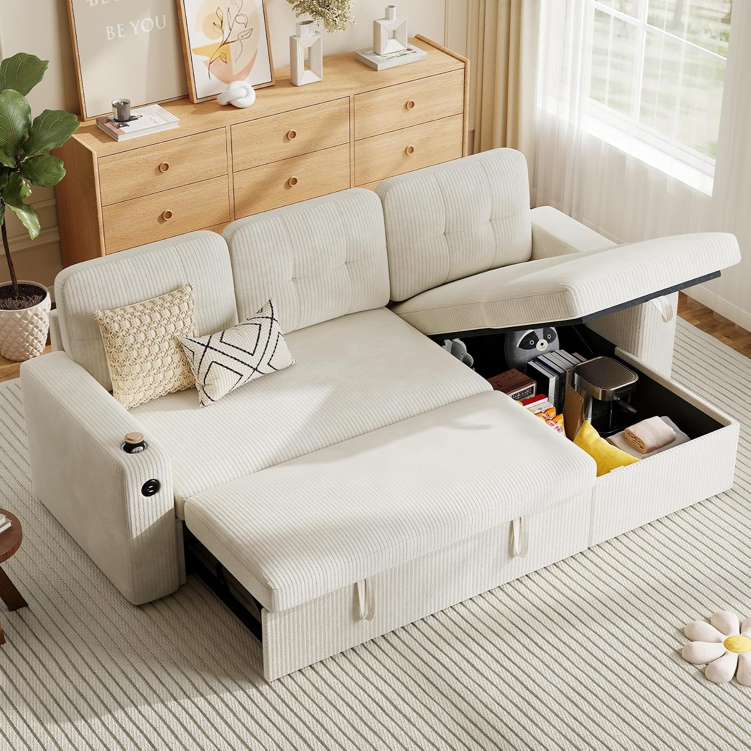 Luxanimarion 83'' Pull Out Sofa Bed, 2 in 1 Convertible Sleeper Sofa Couch with Storage Chaise & USB Charging, Comfy Corduroy Modular Couches for Living Room Apartment,Beige 1 PCS
