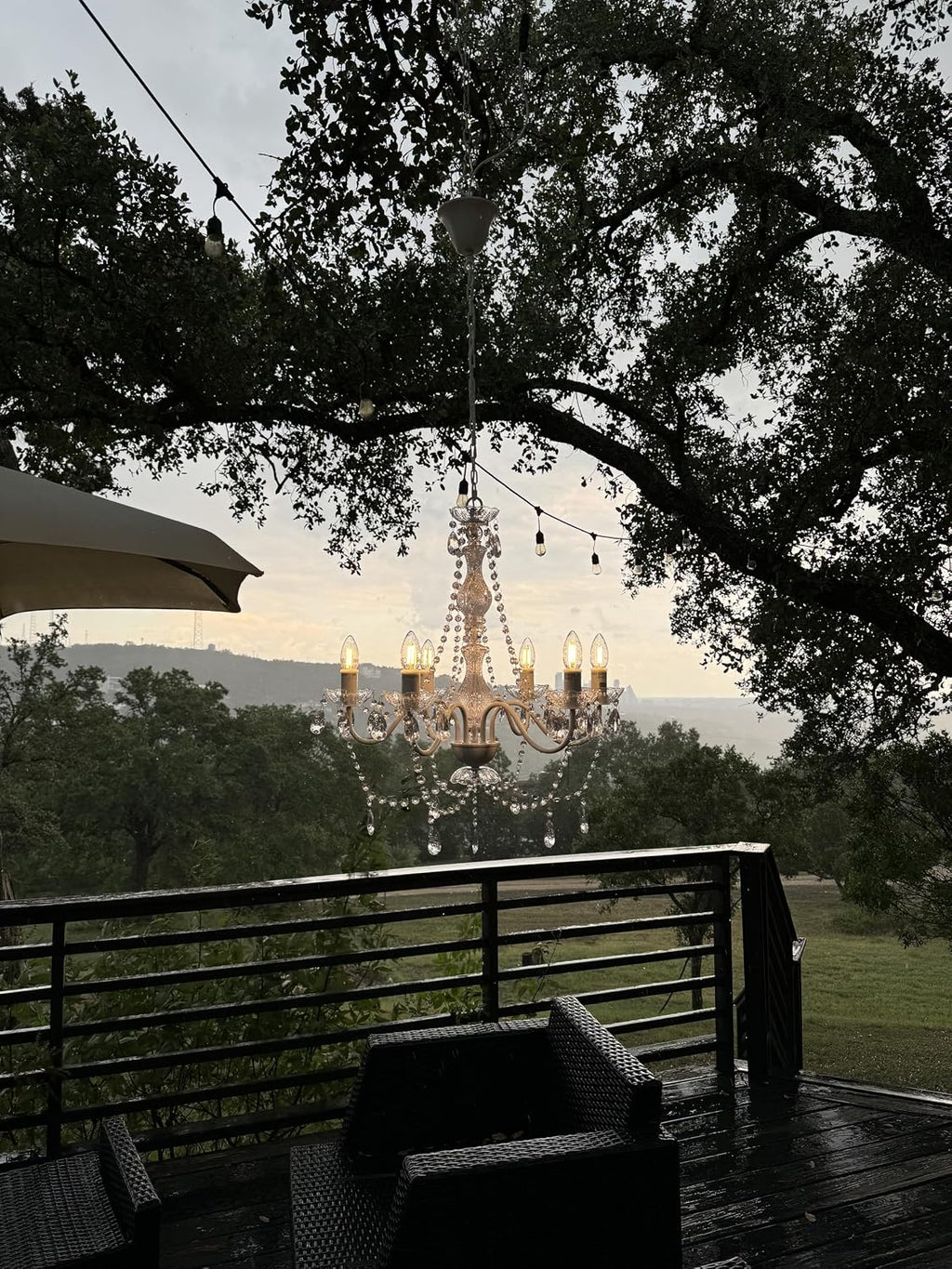 Outdoor 6 Light Plug-in Crystal White Chandelier H26'xW22', White Metal Frame, Clear Acrylic Crystals, and Low Voltage (12 Volts) IP65 Water Resistant Electrical Components