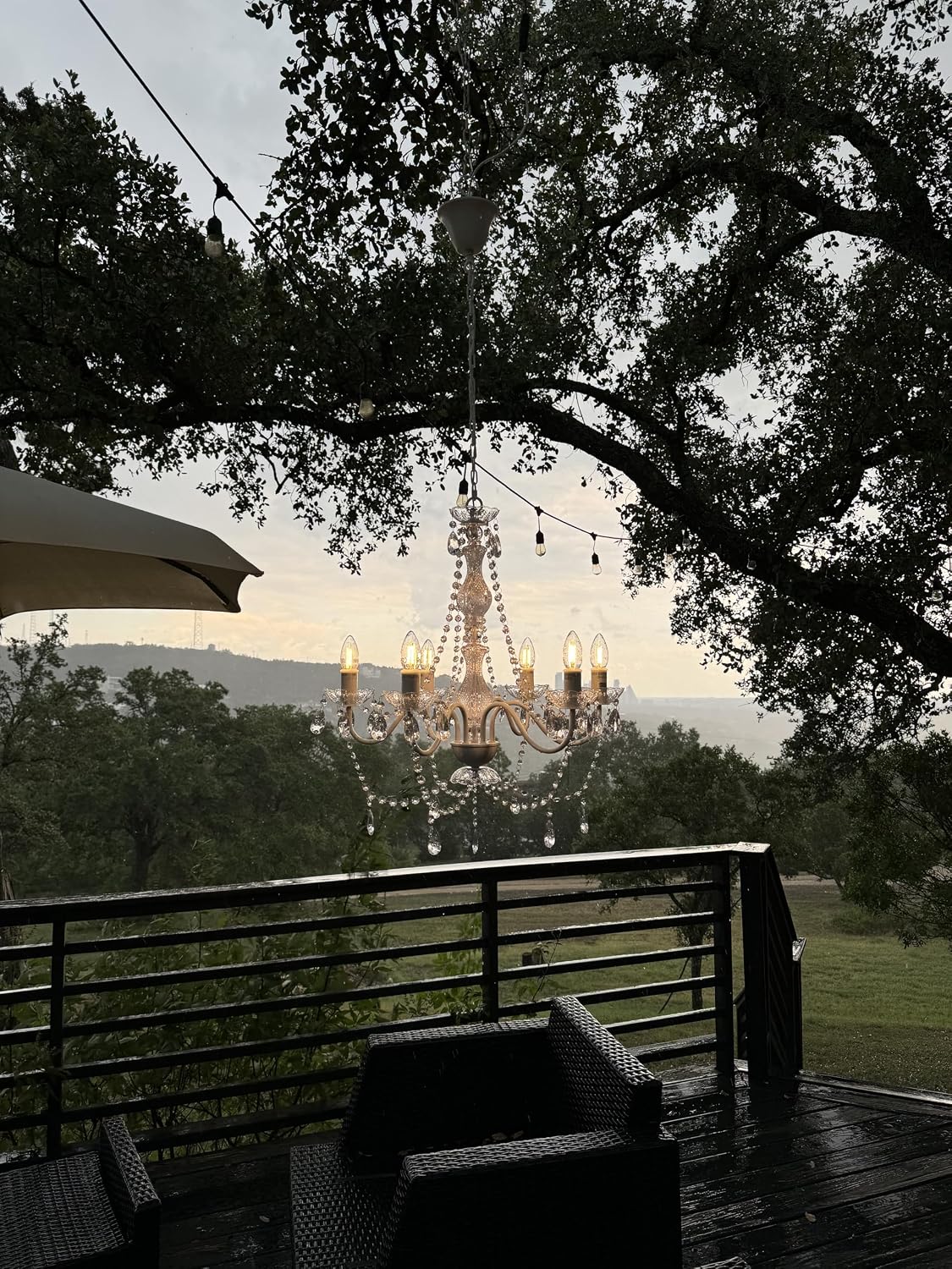 Outdoor 6 Light Plug-in Crystal White Chandelier H26'xW22', White Metal Frame, Clear Acrylic Crystals, and Low Voltage (12 Volts) IP65 Water Resistant Electrical Components