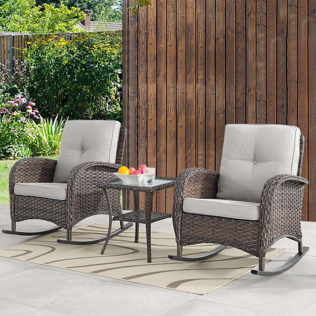 Belord Patio Wicker Furniture with Rocking Chairs Loveseat, 5 Piece Rattan Furniture Outdoor Table and Rocking Chairs Set for Patio Deck Porch Backyard Brwon/Beige