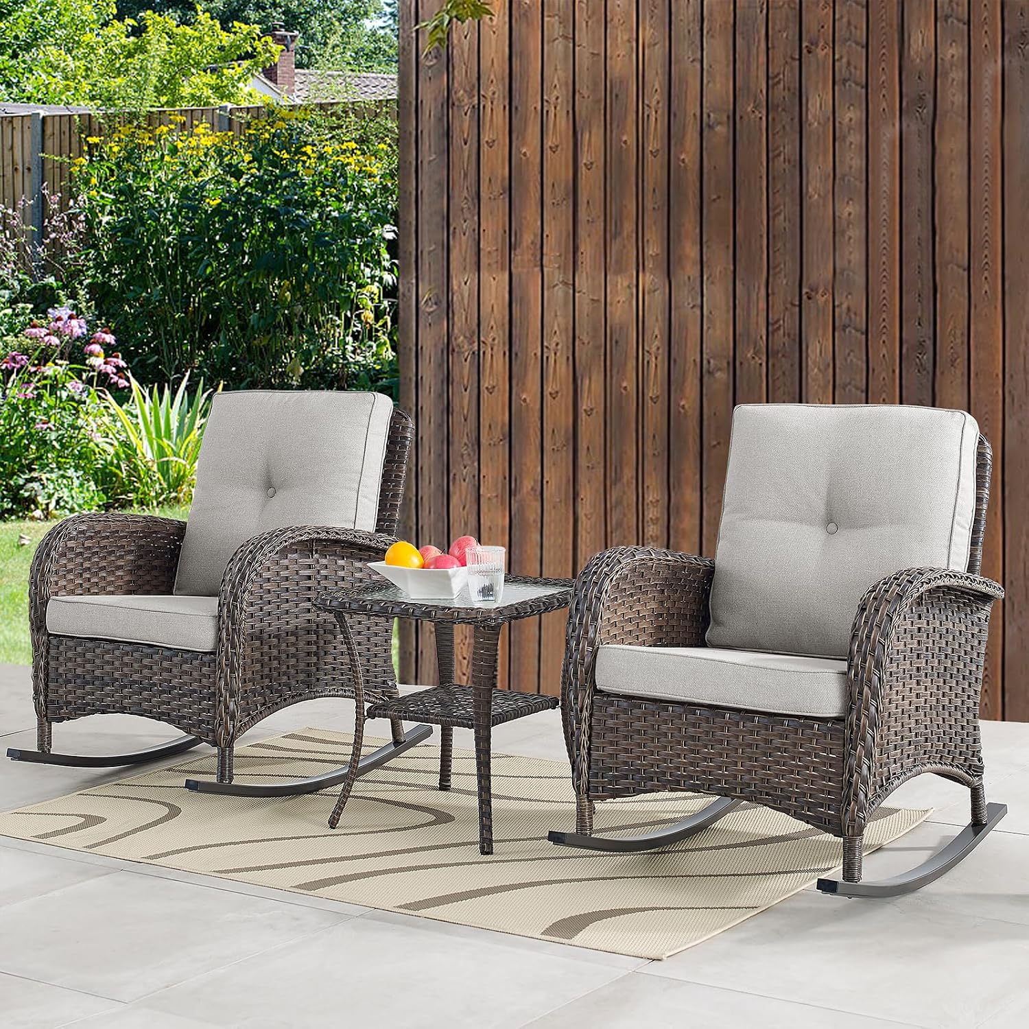 Belord Patio Wicker Furniture with Rocking Chairs Loveseat, 5 Piece Rattan Furniture Outdoor Table and Rocking Chairs Set for Patio Deck Porch Backyard Brwon/Beige