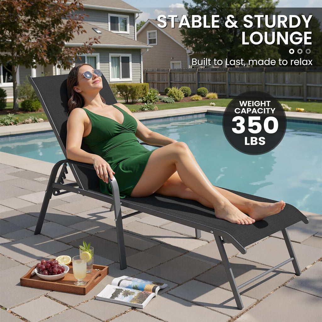 Crestlive Products Lounge Chair Outdoor with Armrests, Pool Lounge Chairs Set of 2, Aluminum Adjustable 5 Positions Tanning Chairs for Outside, Patio, Poolside, Yard, Deck, Backyard (Black)