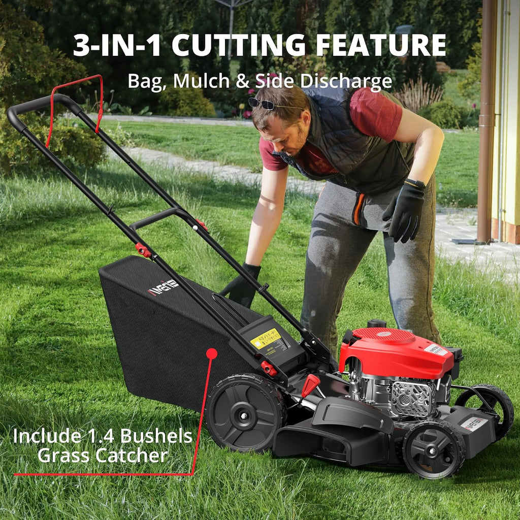 AMERISUN 21' Gas Lawn Mower, 3-in-1 Gas Push Mowers, 144cc 4-Stroke OHV Engine, 6 Height Adjustments 1.4 Bushel Grass Catcher, Lawnmower with Bagging, Mulching & Side Discharge, Efficient Steel Deck