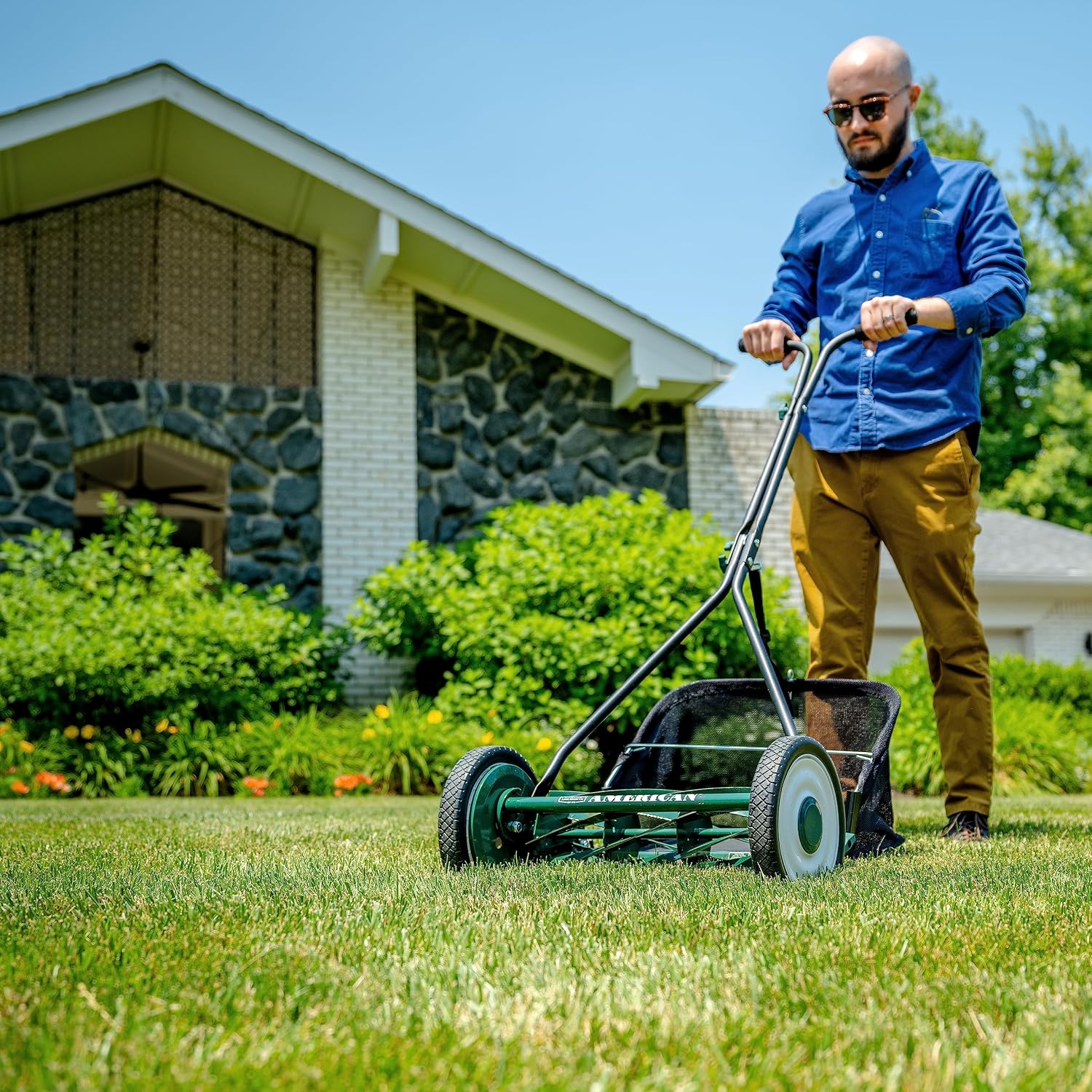 American Lawn Mower Company 1725-16GC 16-inch 7-Blade Reel Mower with Grass Catcher, Specialty Grass Mower, Green
