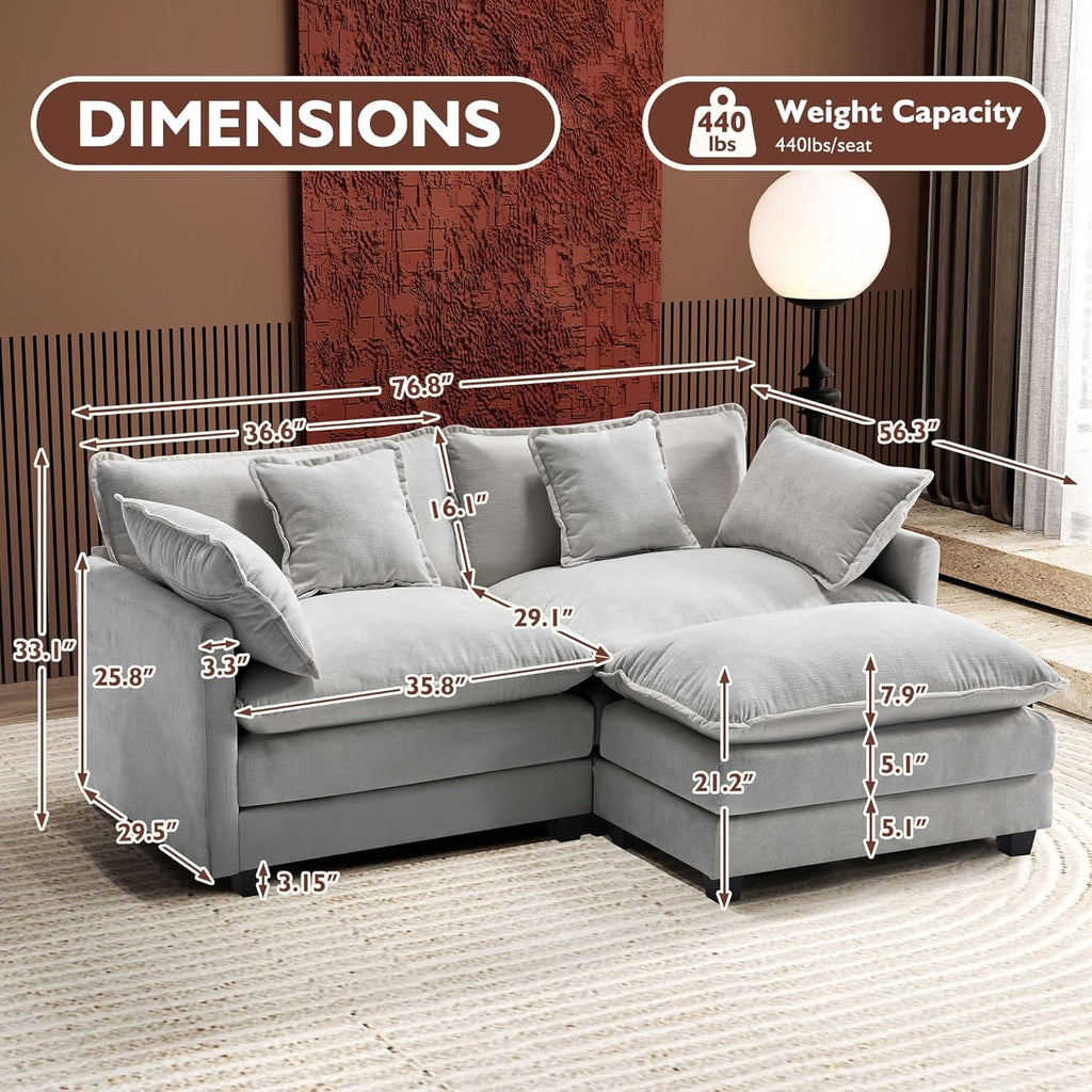 Ihanherry 77' L Shaped Modern Sofa Modular Sectional Cloud Couch with Ottoman, 3-Seat Chenille Deep Seat Sofa with Pillow for Living Room, Bedroom and Apartment, Grey
