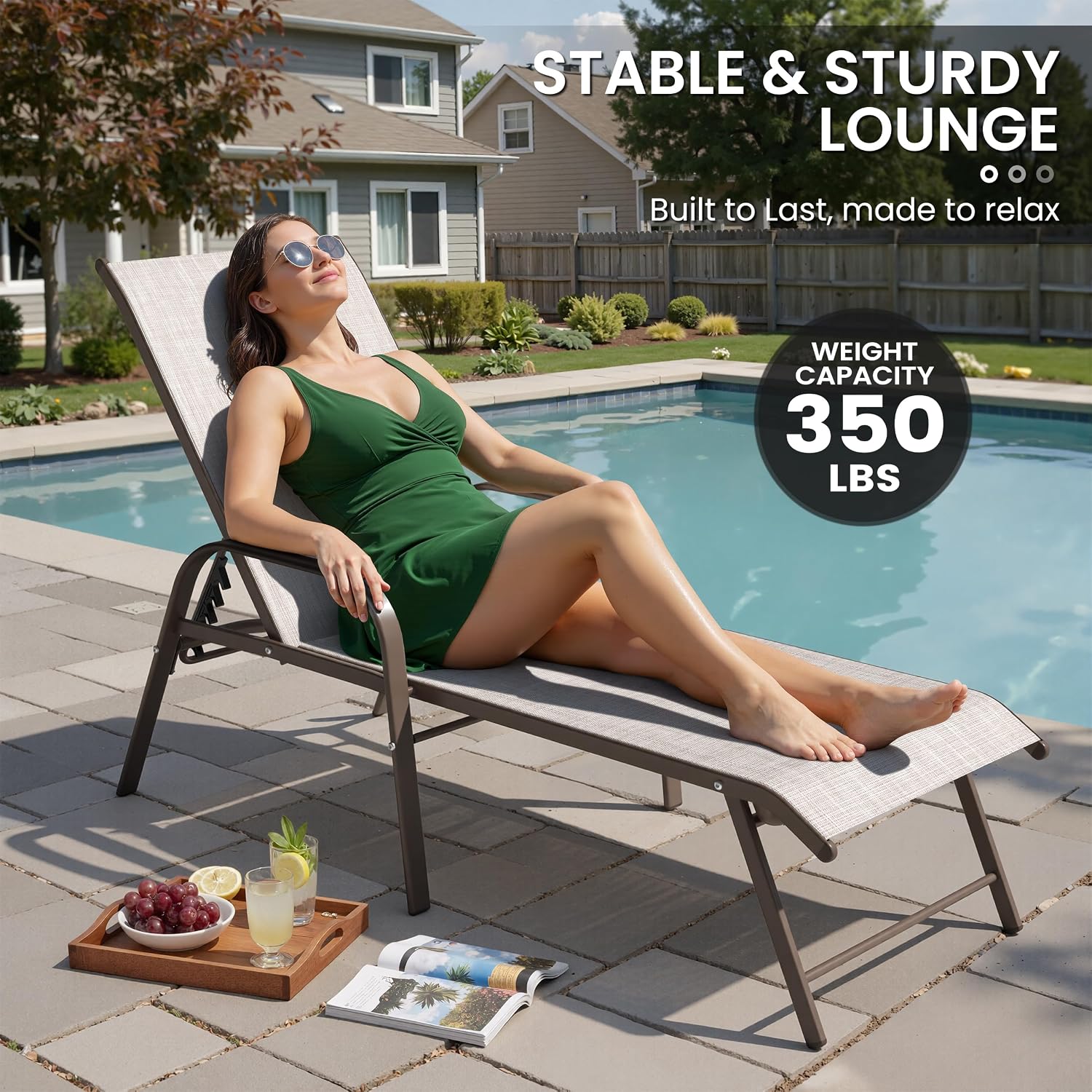 Crestlive Products Chaise Lounge Chair Outdoor with Armrests, Pool Lounge Chairs Set of 2, Aluminum Adjustable 5 Positions Sun Tanning Lounger for Patio, Poolside, Yard, Deck, Backyard (Beige)