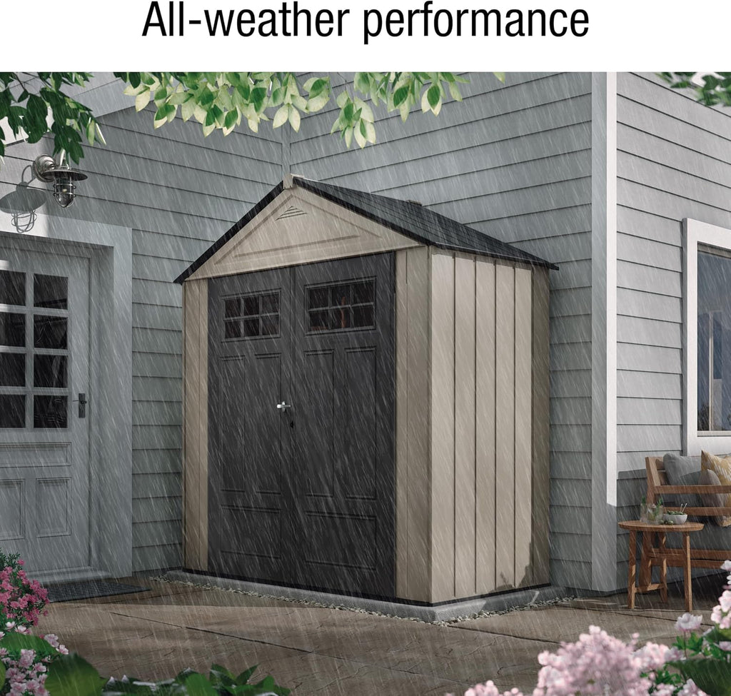 Rubbermaid Resin Outdoor Storage Shed With Floor (7 x 3.5 Ft) Weather Resistant, Brown Gable, Organization for Home/Backyard/Garden Tools/Lawn Mower/Bike Storage/Pool Supplies