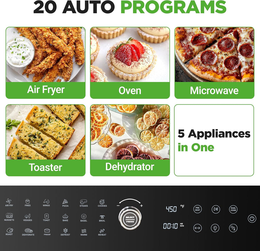 NutriChef 32 Quart Air Fryer & Oven | Digital Airfryer with 20 Presets, Dual Cook, Rotisserie, Bake & More | Multi-Function Convection Countertop Oven | Large Capacity | 18' x 17' x 14 | Black