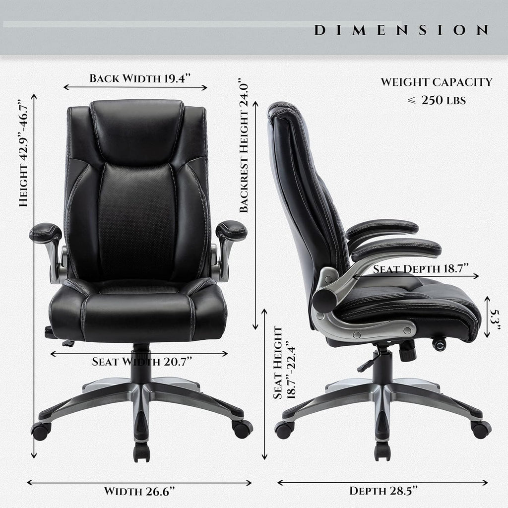 COLAMY Office Desk Chair, Ergonomic Computer Chair with Padded Flip-Up Arms and Thick Cushion, Leather office chair with High Back Adjustable Height and Tilt for Working for Working, Study, Gaming,2PC