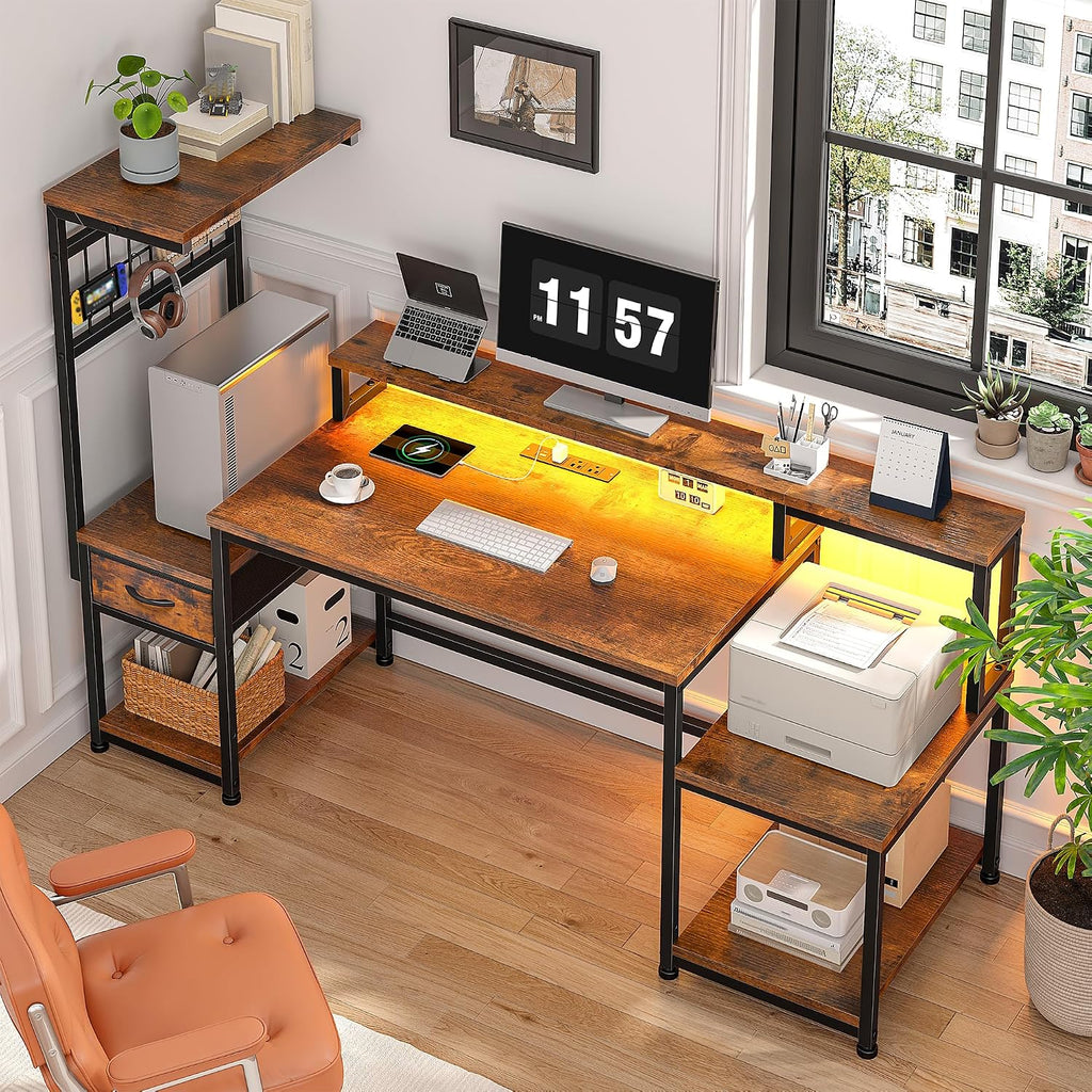 DurayLoly 55' Computer Desk with LED Lights & Outlets,Office Desk with Drawers & Monitor Stand,Gaming Desk with 3 Storage Shelves, Hooks& Printer Space for Game&Study Room,Home Office,Bedroom,Brown