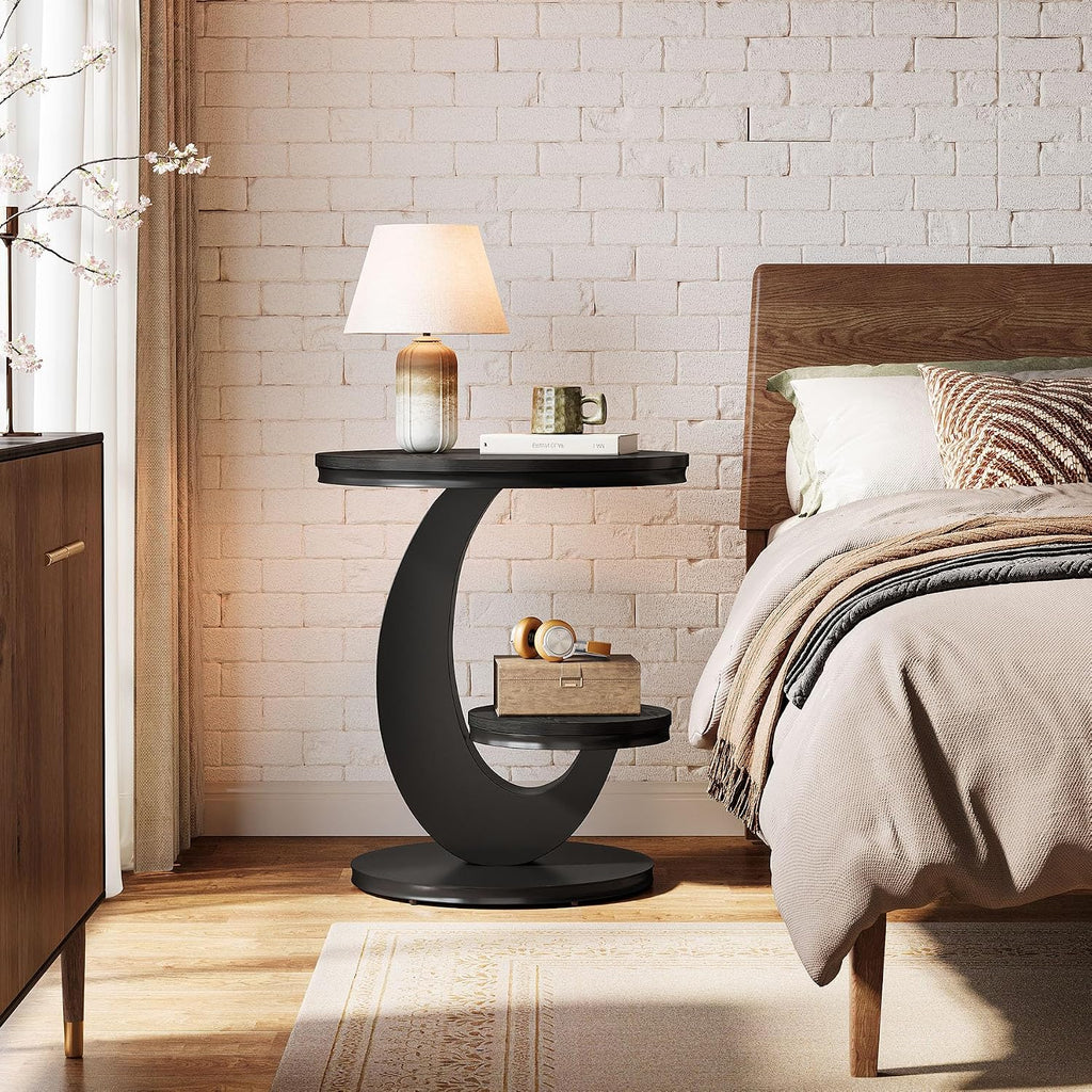 Tribesigns Round End Table, 2 Tiers Side Table with Storage Shelf, Sofa Side Bedside Nightstand with Wood Metal Arc-Shaped Frame for Small Spaces, Living Room, Bedroom, Easy to Assemble, Black (1PCS)