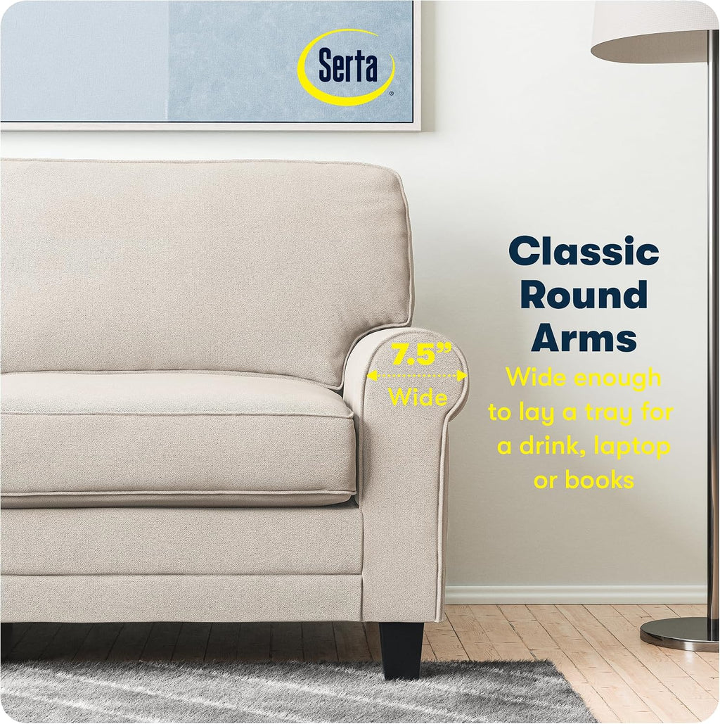 Serta Copenhagen 78' Rolled Arm Sofa, Easy Care Polyester, Soft Pillow Back, Pocket Coil Seat Cushions, Removable Covers, Loveseat or Couch for Small Spaces, Living Rooms or Bedrooms, Cream White