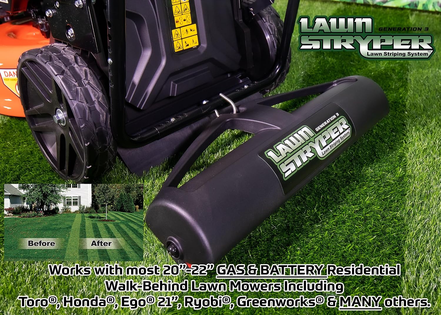 Lawn Striping System – UNIVERSAL FIT - Works with Most 20'-22' Gas & Battery Residential Walk-Behind Mowers (Mounting Brackets for over 40 Major Brands Included in Box – See List Below)