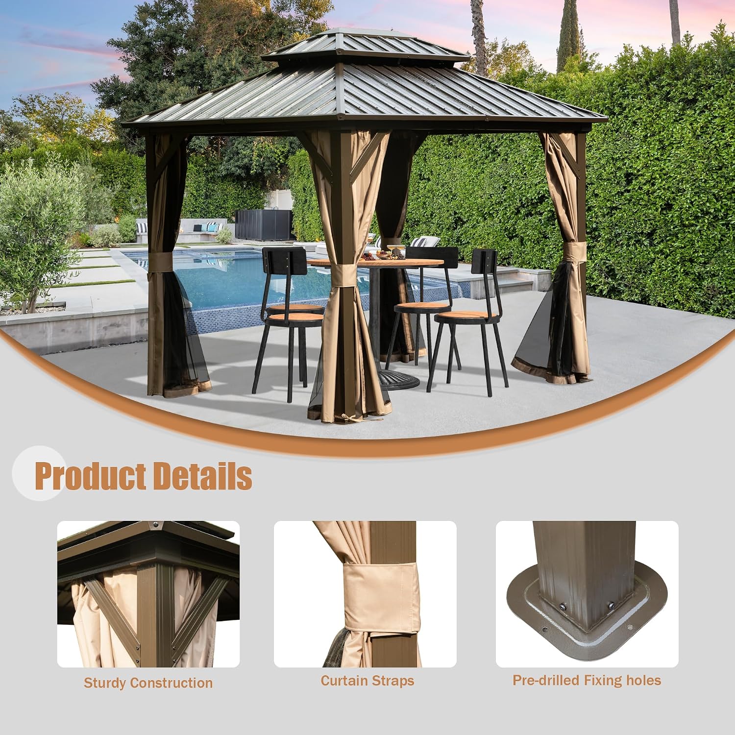 Domi 8' x 10' Hardtop Gazebo, Outdoor Metal Gazebo for Patios with Galvanized Steel Double Roof, Heavy Duty Curtains and Netting Included, Permanent Pergola for Backyard, Garden Lawn, Brown
