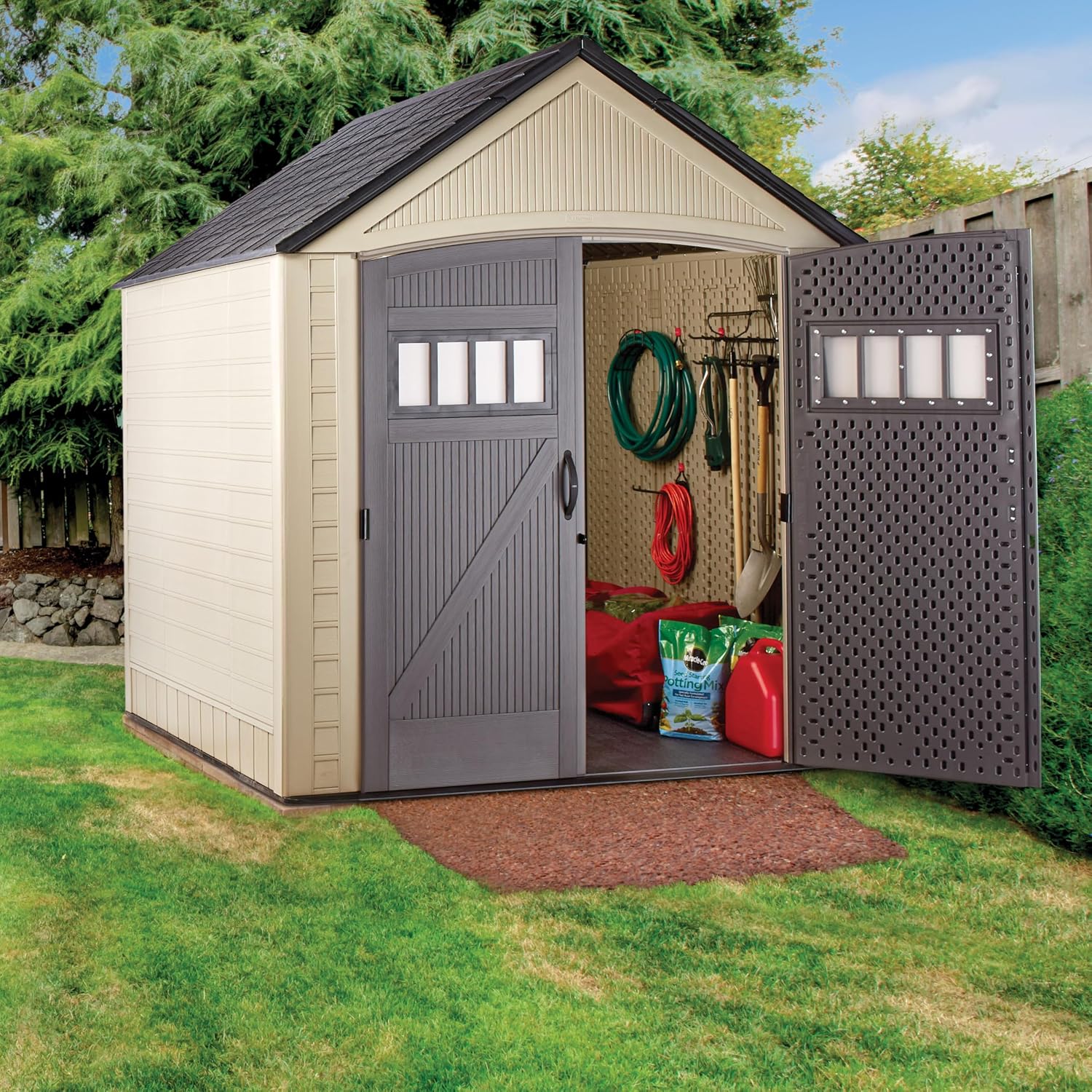 Rubbermaid Resin Outdoor Storage Shed with Floor (7 x 7 Ft) Weather Resistant, Brown Gable, Organization for Home/Backyard/Garden Tools/Lawn Mower/Bike Storage/Pool Supplies
