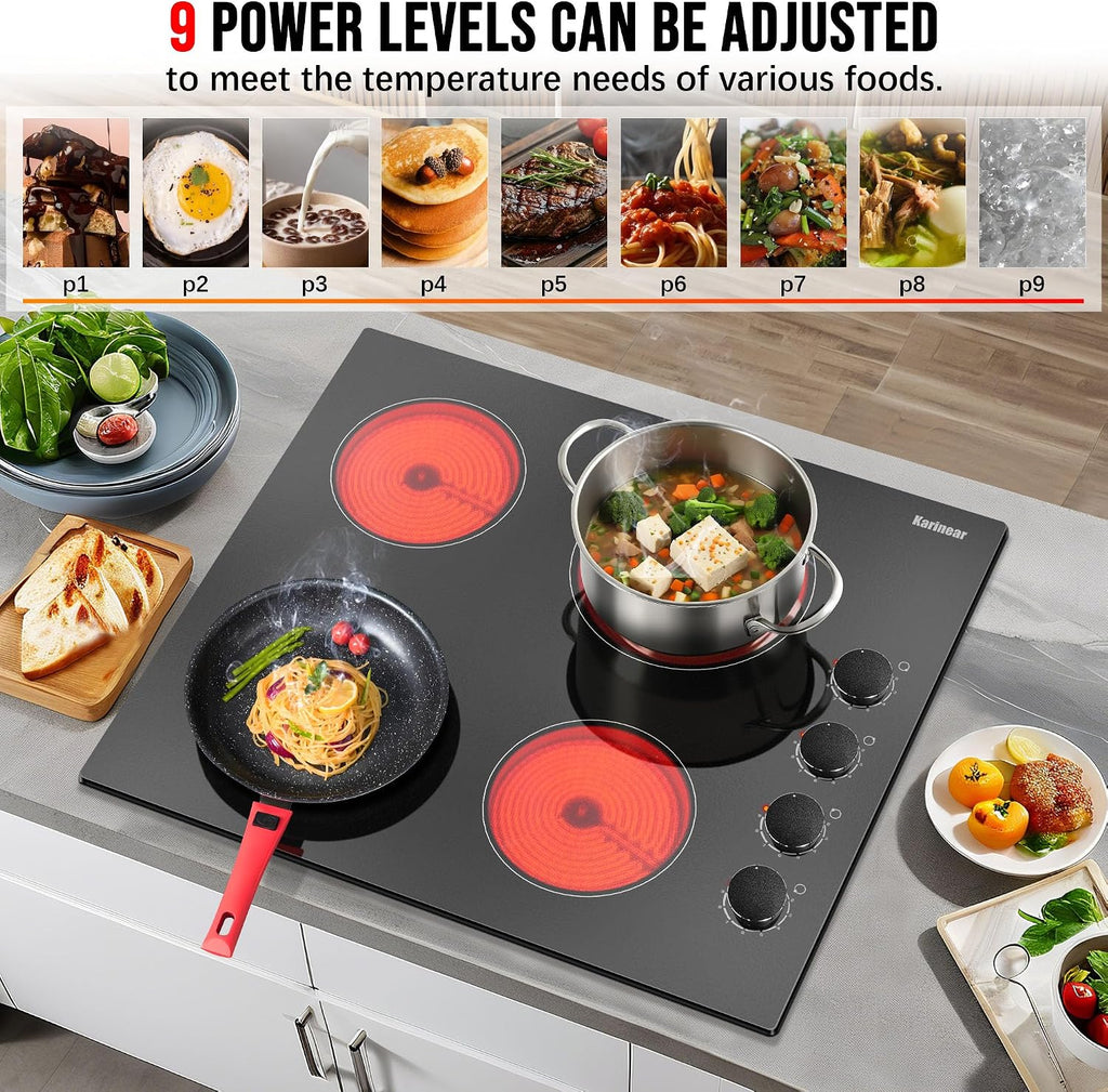 Karinear 4 Burner Electric Cooktop 24 Inch, Built-in Stove Top, 220-240v Radiant Cooktop with Knob Control, Residual Heat Indicator, Over-Temperature Protection, Hard Wire, Black Knob