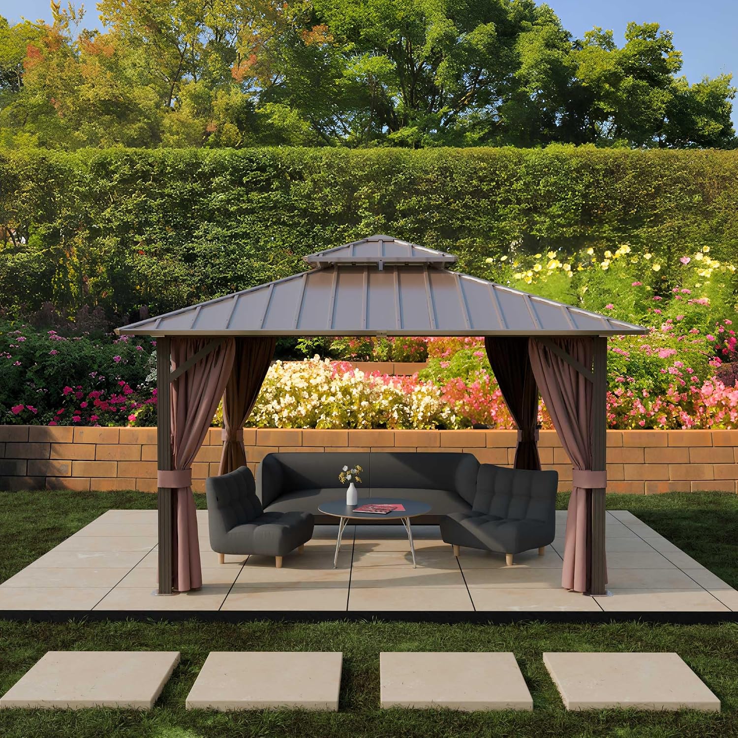 12'x12' Hardtop Gazebo, Outdoor Aluminum Frame Galvanized Steel Double Roof Pavilion with Netting and Shaded Curtains, Permanent Metal Pergolas for Patio, Backyard, Deck and Lawns.
