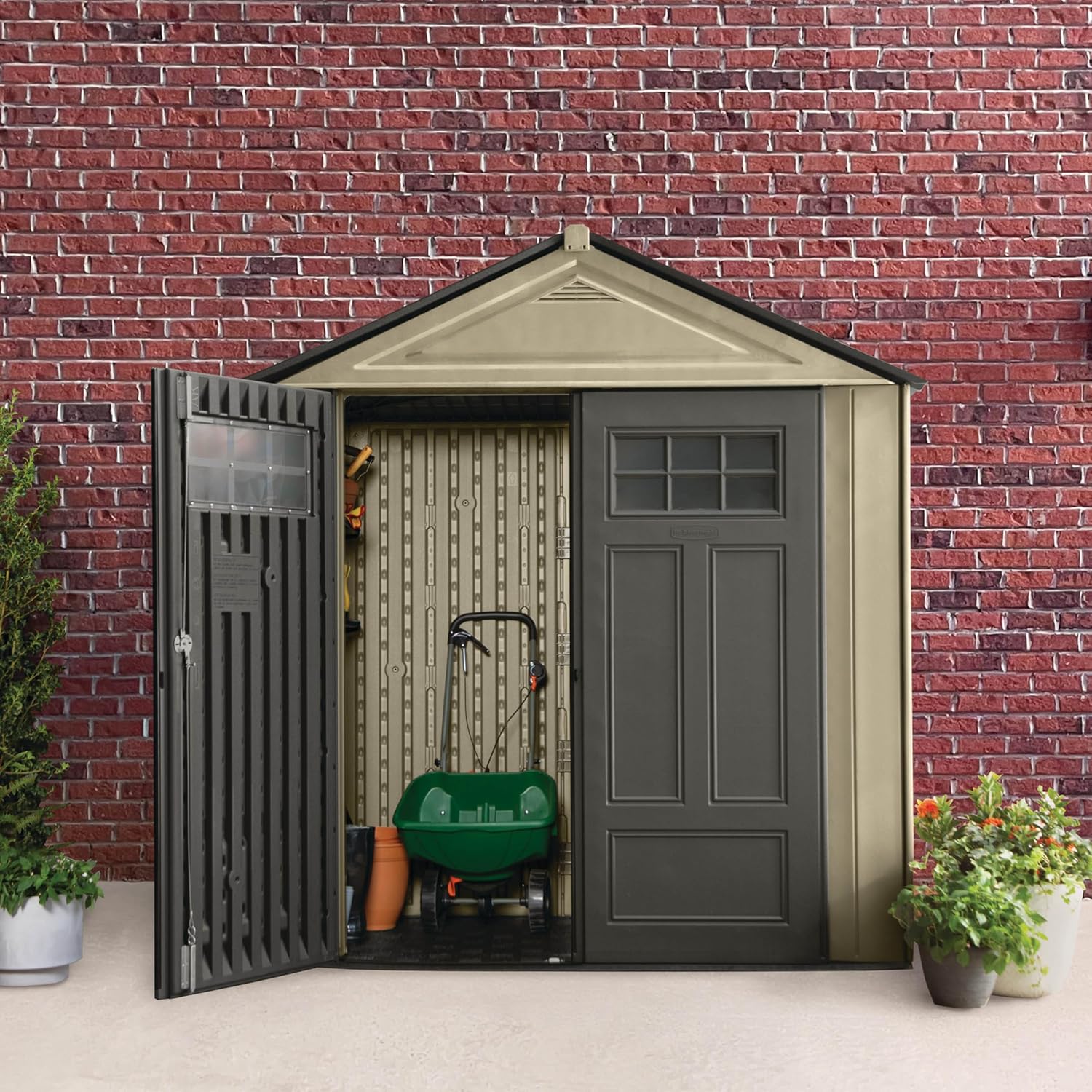 Rubbermaid Resin Outdoor Storage Shed With Floor (7 x 3.5 Ft) Weather Resistant, Brown Gable, Organization for Home/Backyard/Garden Tools/Lawn Mower/Bike Storage/Pool Supplies